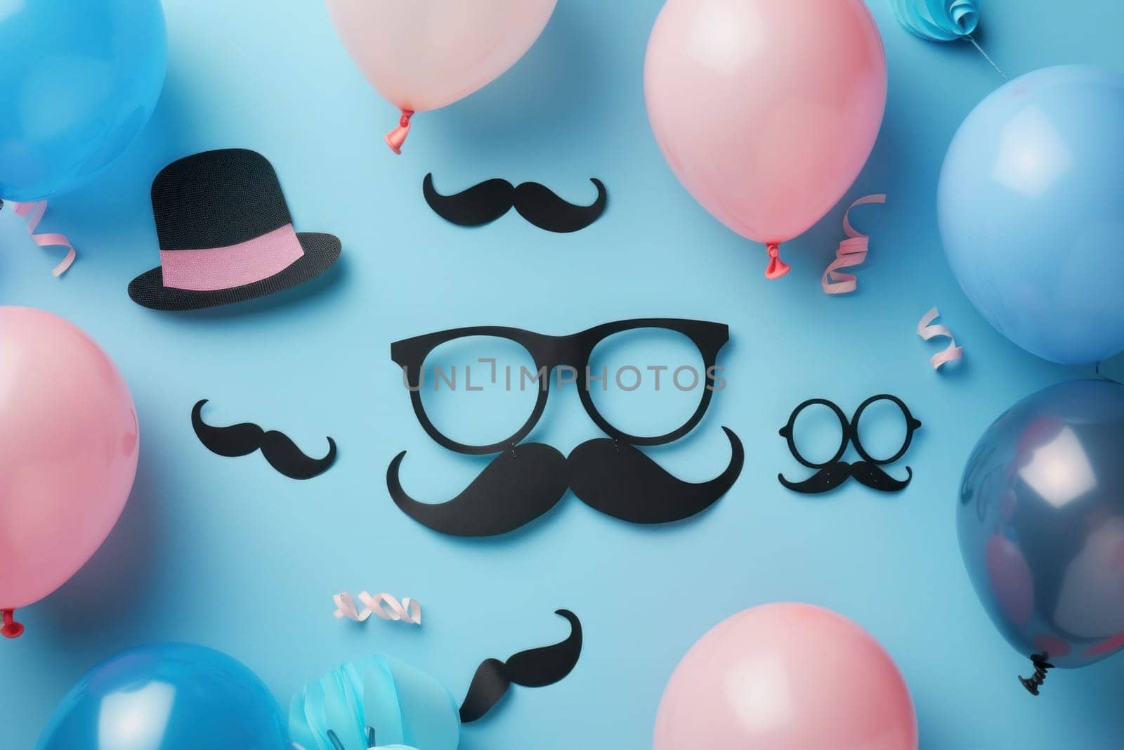 Celebration accessories and party decorations with colorful balloons, hats, glasses, mustache and top view on blue background by Vichizh