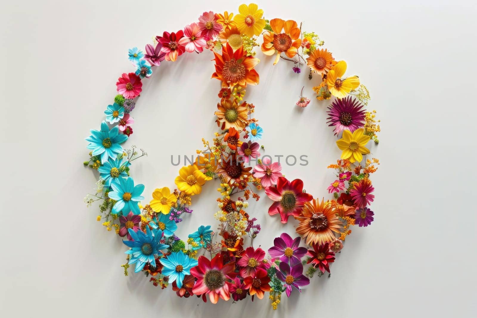 Flower peace sign on white wall with copy space for travel, love, and harmony concept in nature art installation by Vichizh