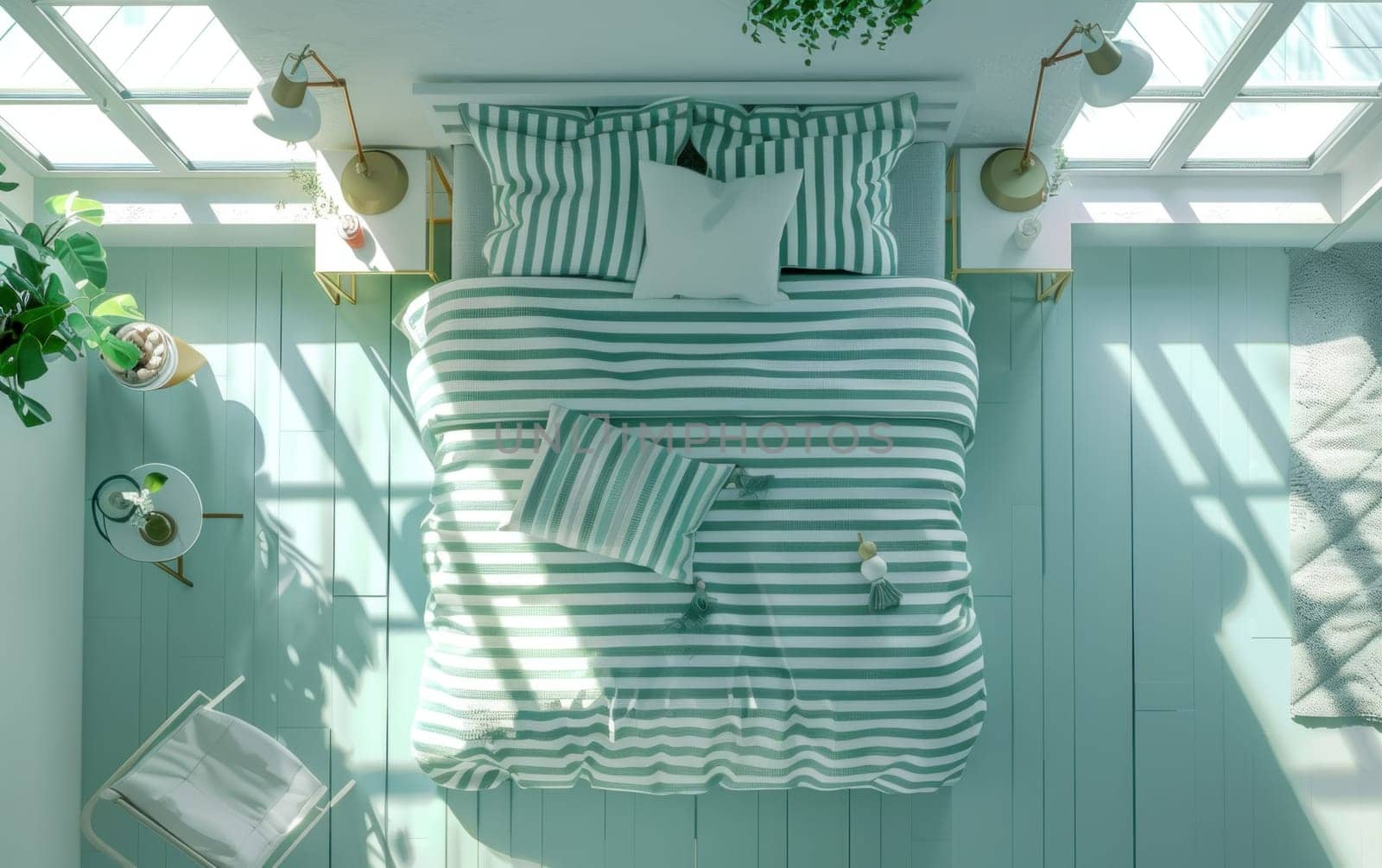 Serene bedroom setting featuring a cozy bed with striped comforter and potted plant on window sill by Vichizh