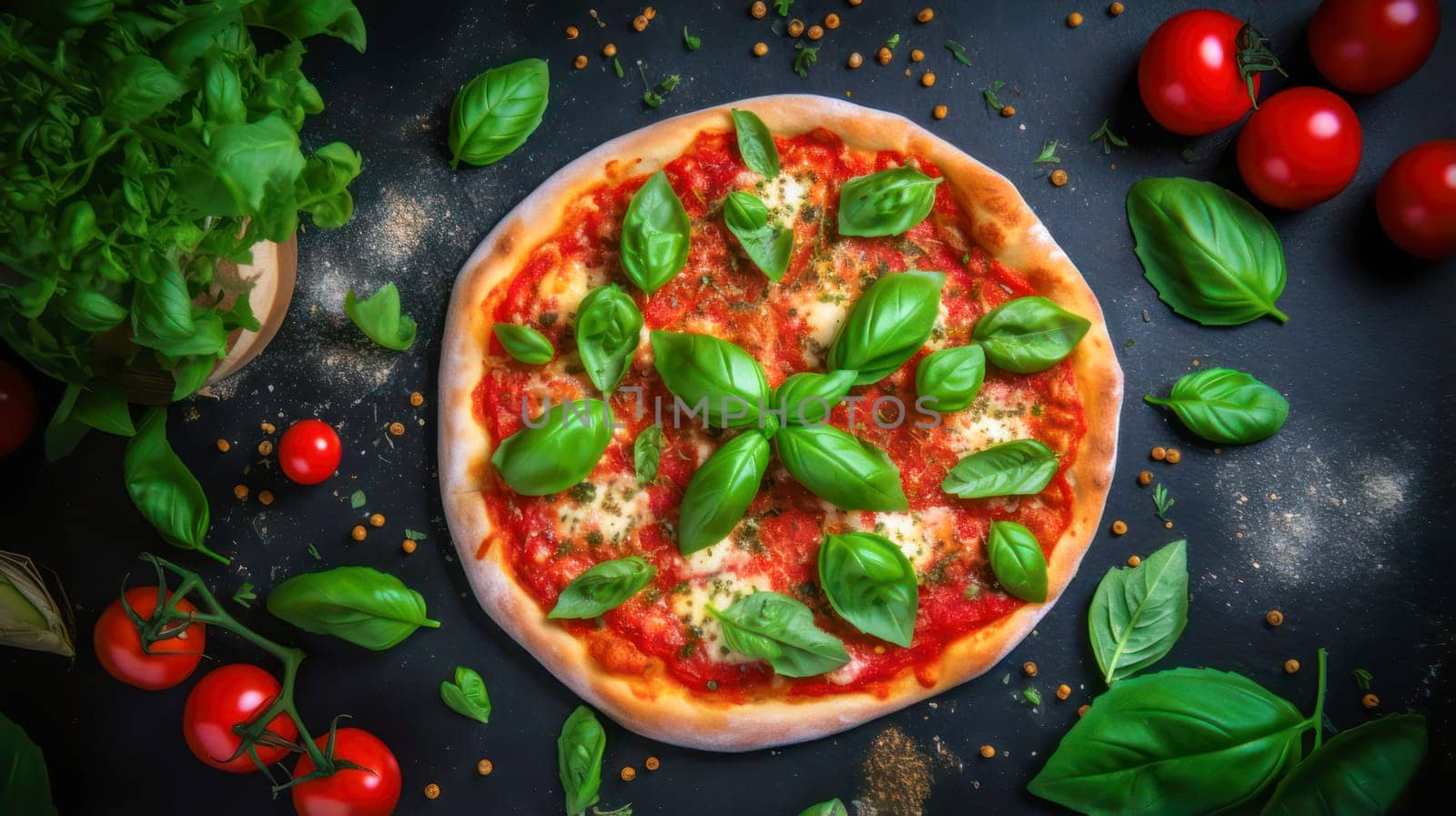 Delicious aromatic pizza with gooey cheese, salami, pepperoni, and basil, next to the ingredients on a dark table surface. Making pizza in a private pizzeria, small business, private business, chain restaurant, flavorful food, advertising, copy space