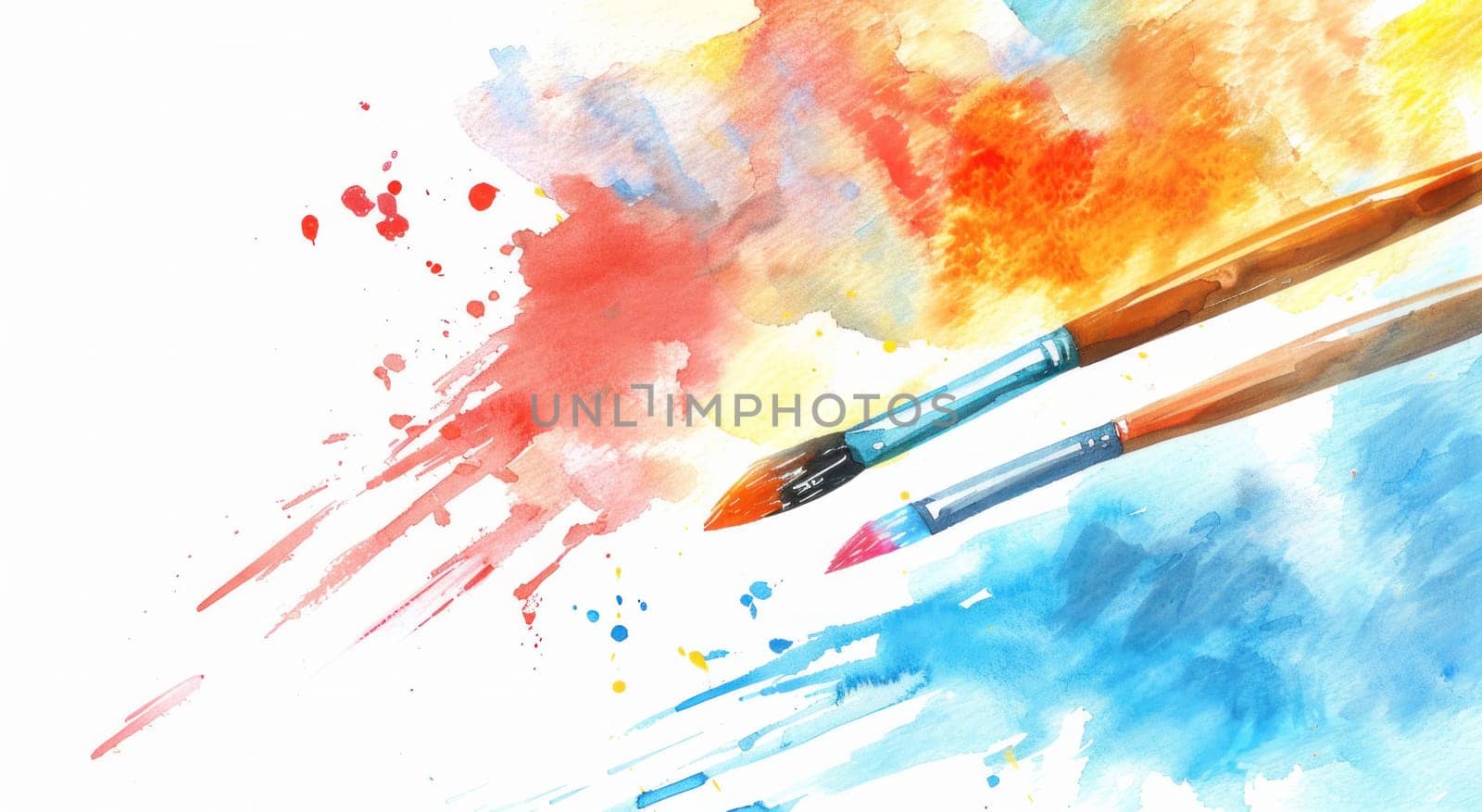 Creative watercolor paint splatters and brushes on white background with blue and orange accents for art inspiration and design projects by Vichizh