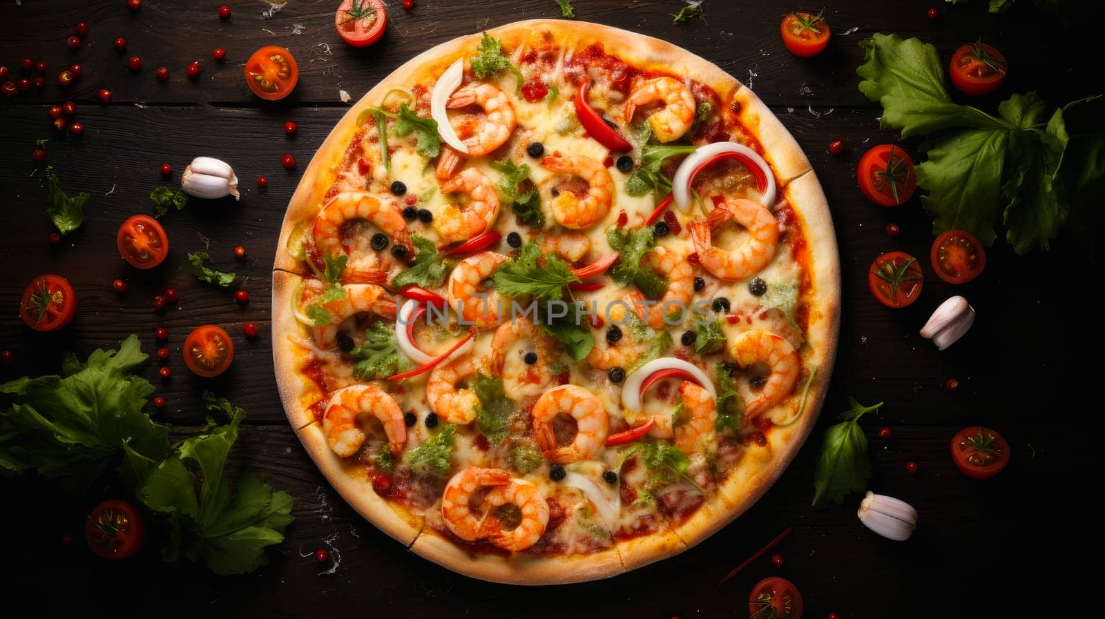 Delicious aromatic pizza with gooey cheese, seafood, and basil, next to the ingredients on a white background. Making pizza in a private pizzeria, small business, private business, chain restaurant, flavorful food, advertising, copy space