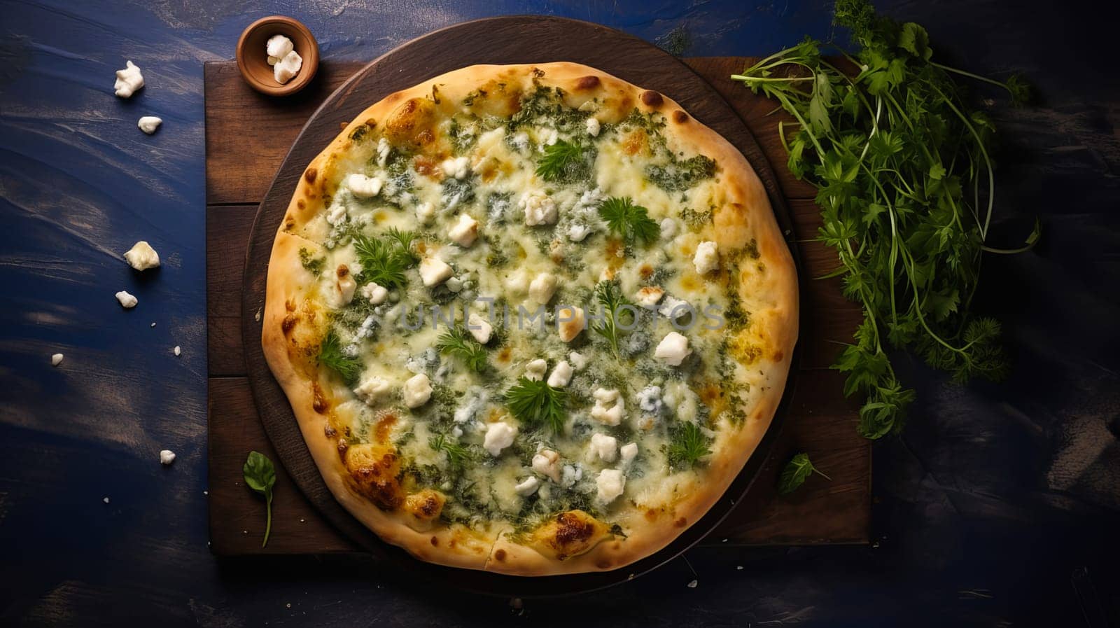 Delicious aromatic pizza with gooey cheese, salami, pepperoni, and basil, next to the ingredients on a dark table surface. Making pizza in a private pizzeria, small business, private business, chain restaurant, flavorful food, advertising, copy space