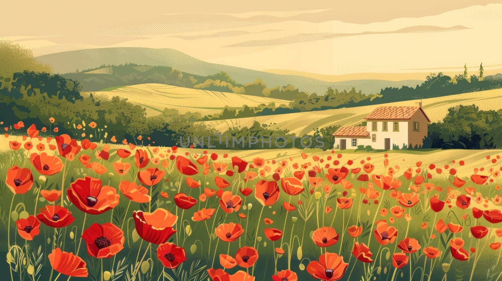 Beautiful field of red poppies and farmhouse, serene nature landscape, peaceful countryside artwork for travel and relaxation concept by Vichizh