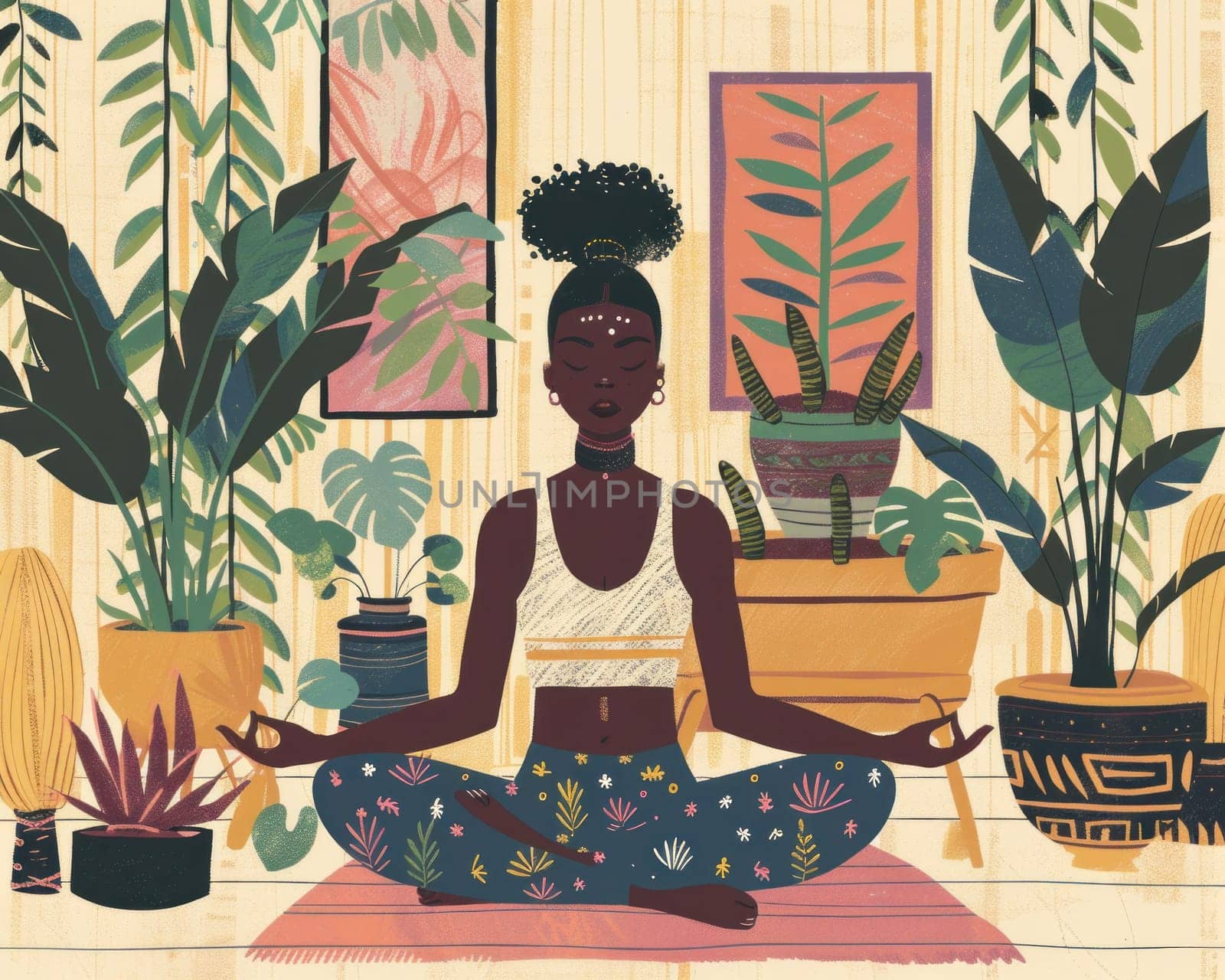 African american woman meditating among potted plants in a serene natural setting