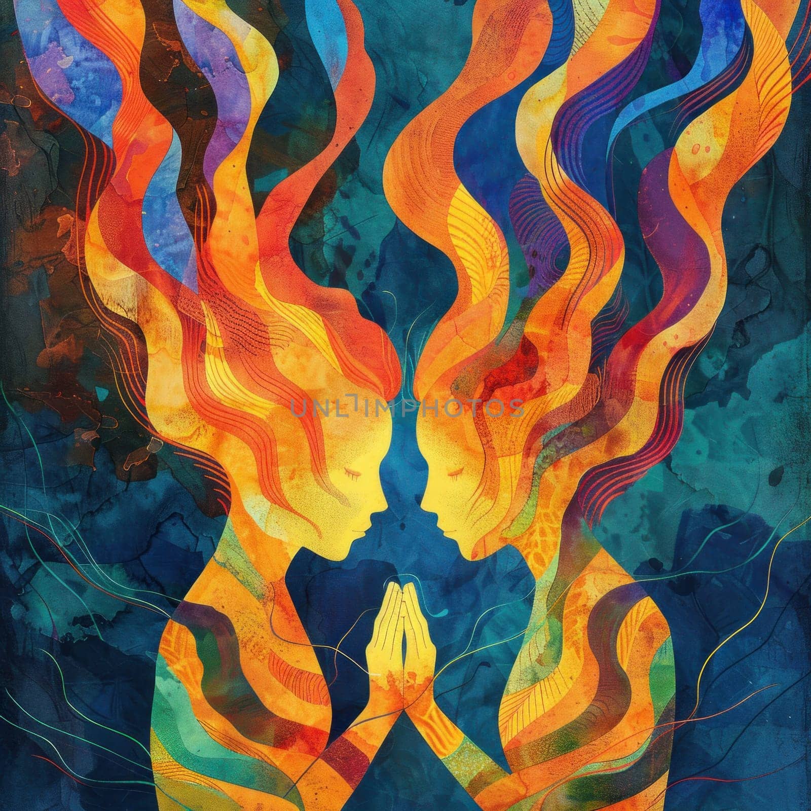 Unity and spirituality two vibrant women with flames on faces holding hands in prayer, love and pray theme by Vichizh