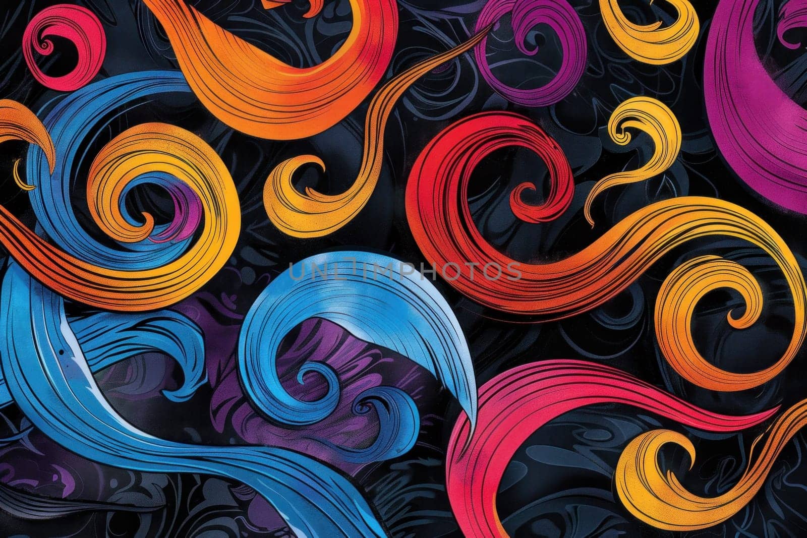 Vibrant swirls of color on a dark background abstract artistic design with various colorful patterns and shapes