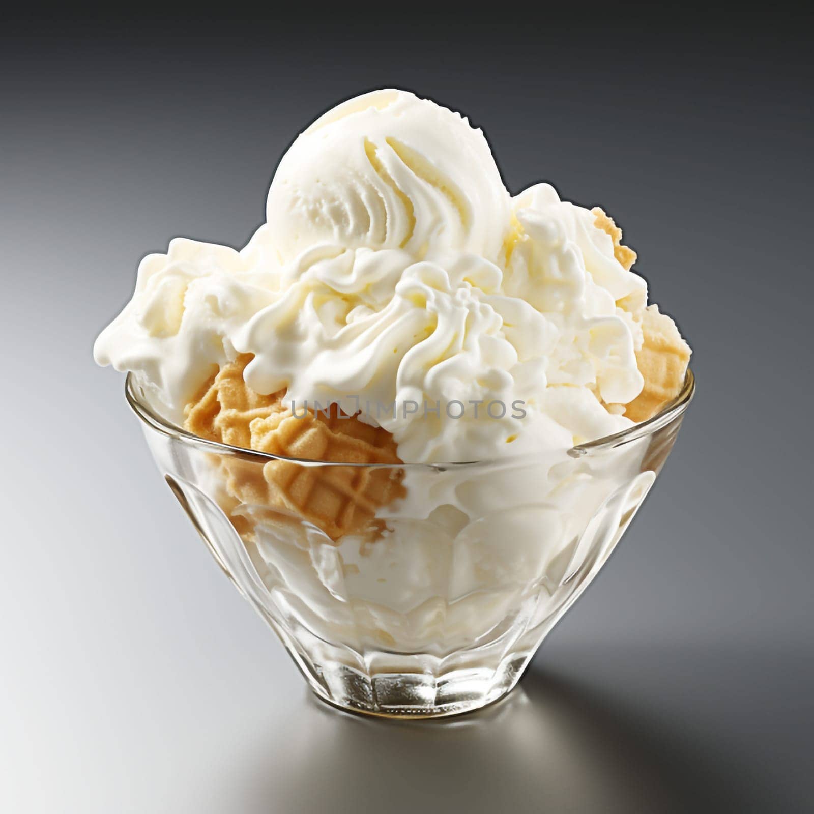 Vanilla ice cream scoops served on a glass cup isolated on white background. by Ciorba