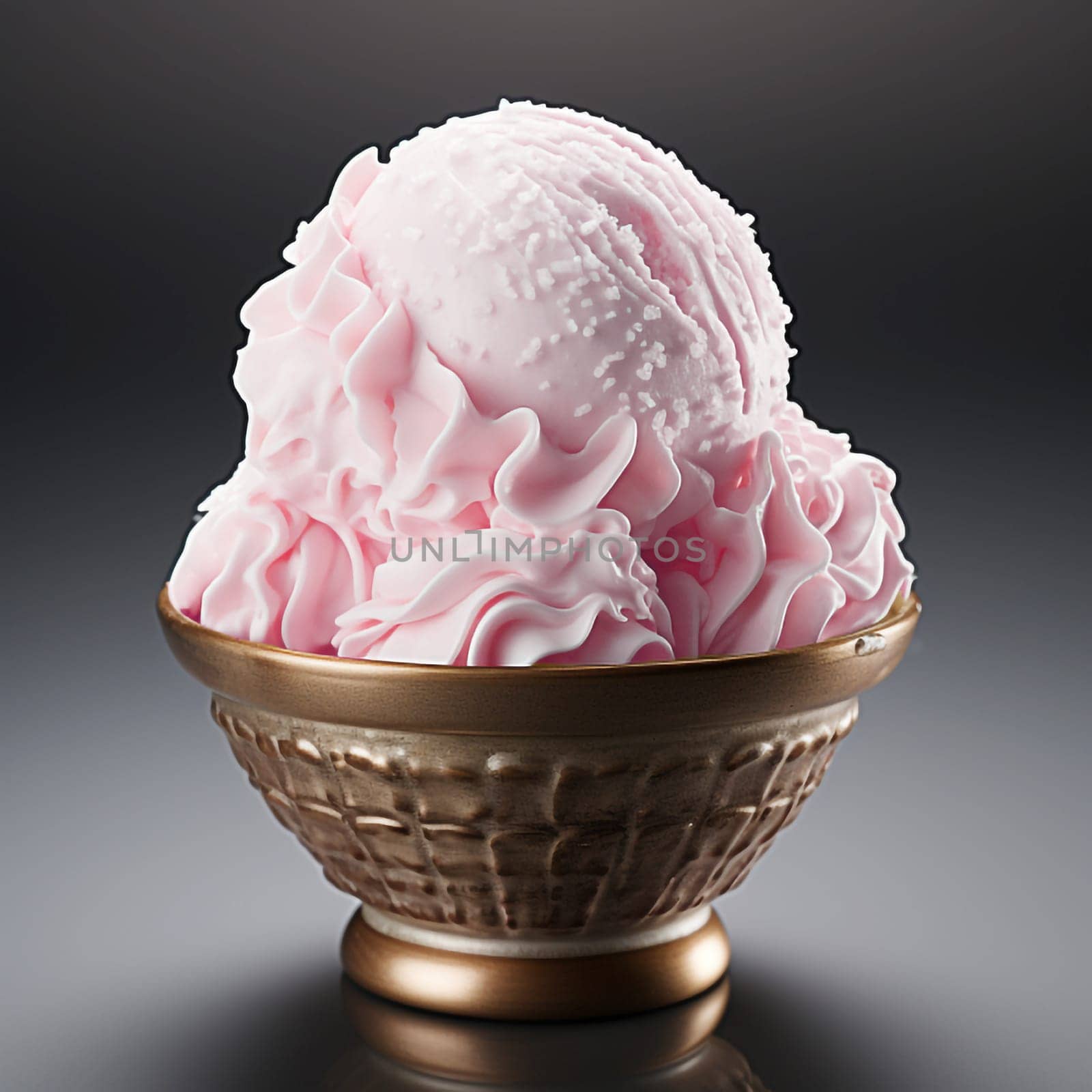 Strawberry ice cream scoops served on a cup isolated on dark background. by Ciorba