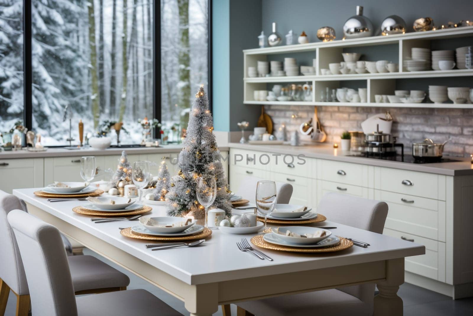 White modern kitchen decorated for chrismas with red decorations, in a Scandinavian style. No people.