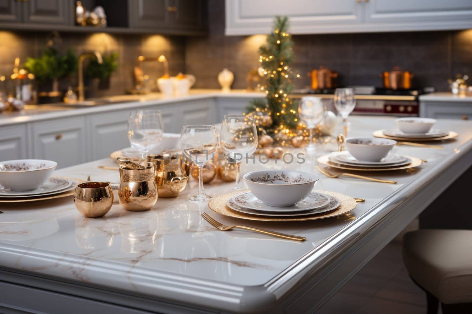 White modern kitchen decorated for chrismas with red decorations, in a Scandinavian style. No people.