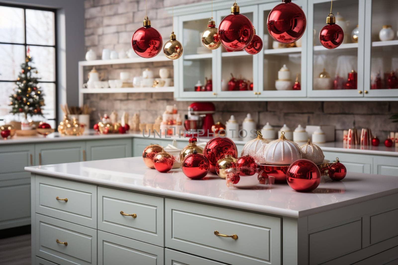 White modern kitchen decorated for chrismas with red decorations, in a Scandinavian style. No people.