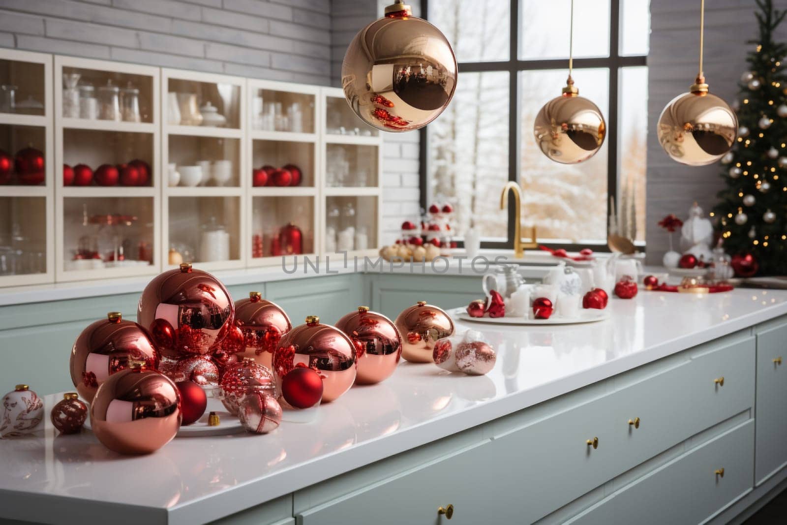 White modern kitchen decorated for chrismas with red decorations, in a Scandinavian style. No people.