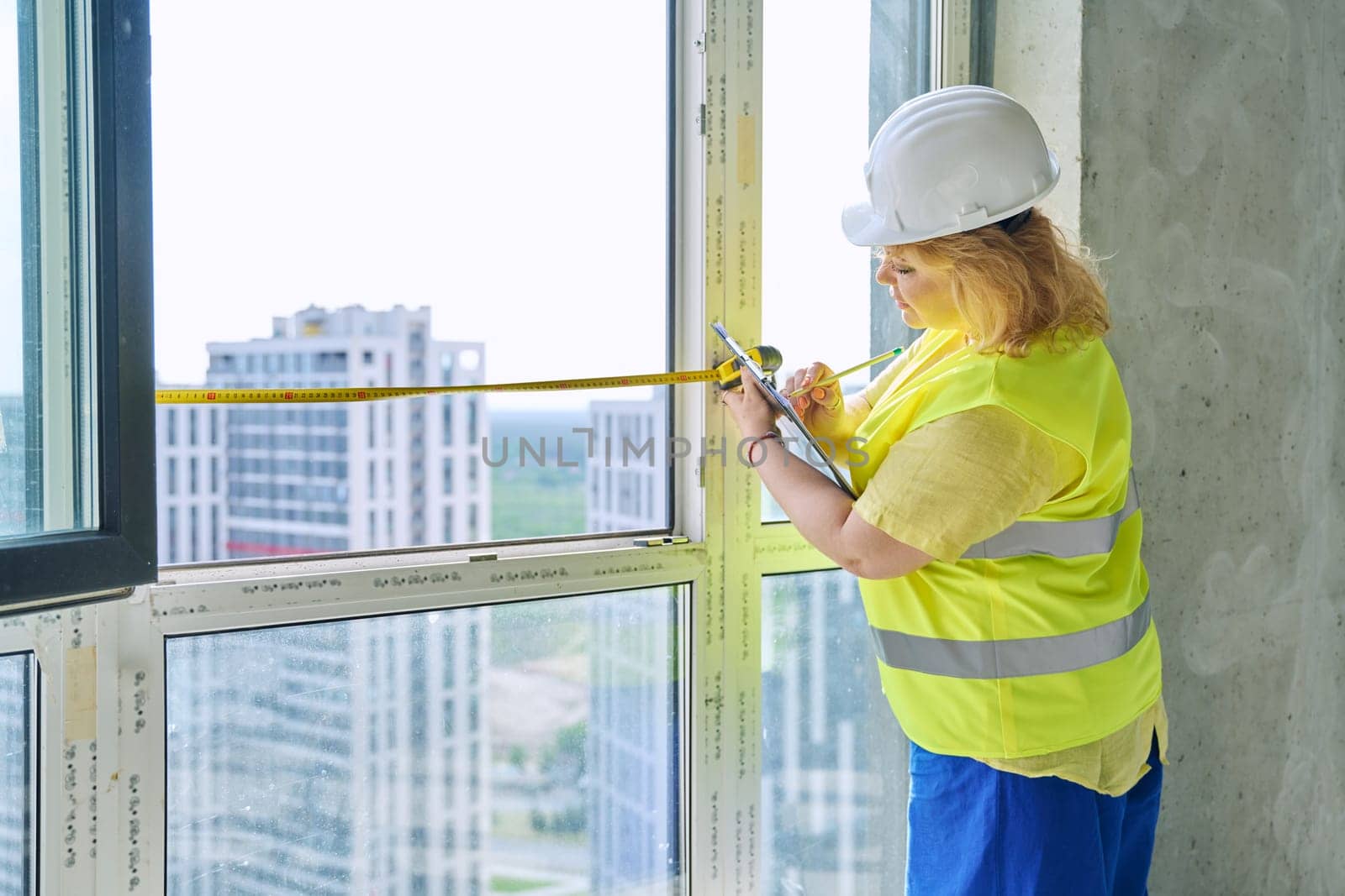 Female window decorator designer measuring window with tape measure, writing down measurements for sewing curtains making blinds in new apartment office. Decorating design service