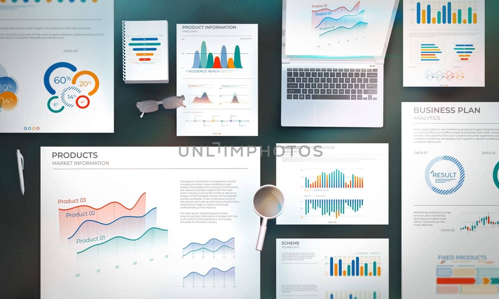 Top view of a set of documents with business infographics on an office table.