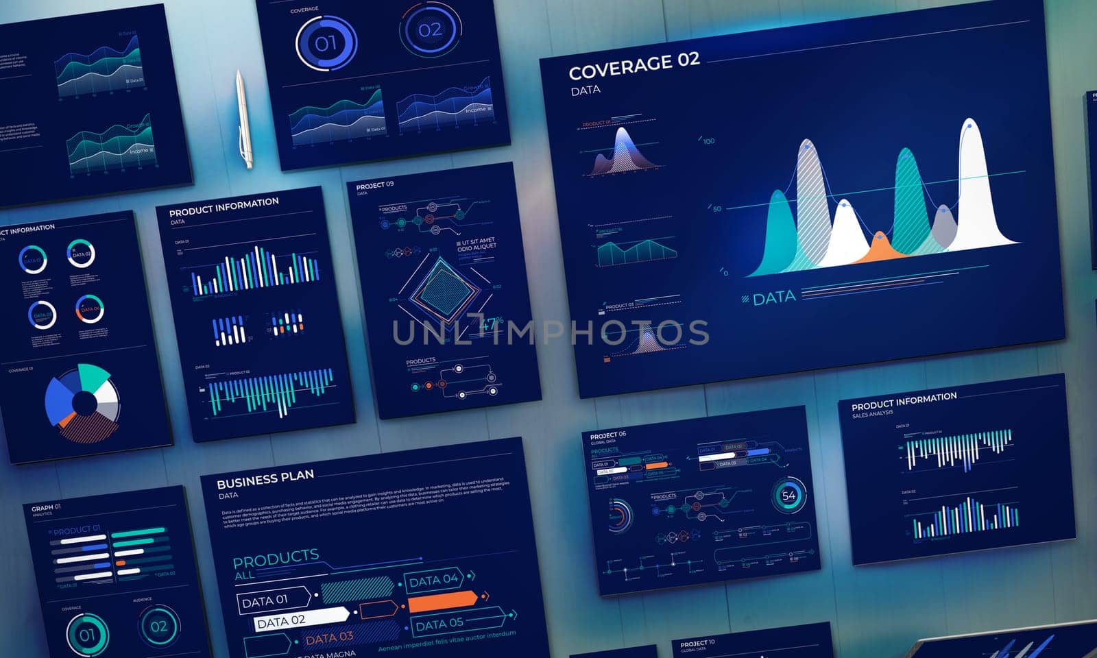 Top view of an office desk with a set of documents with business infographics.