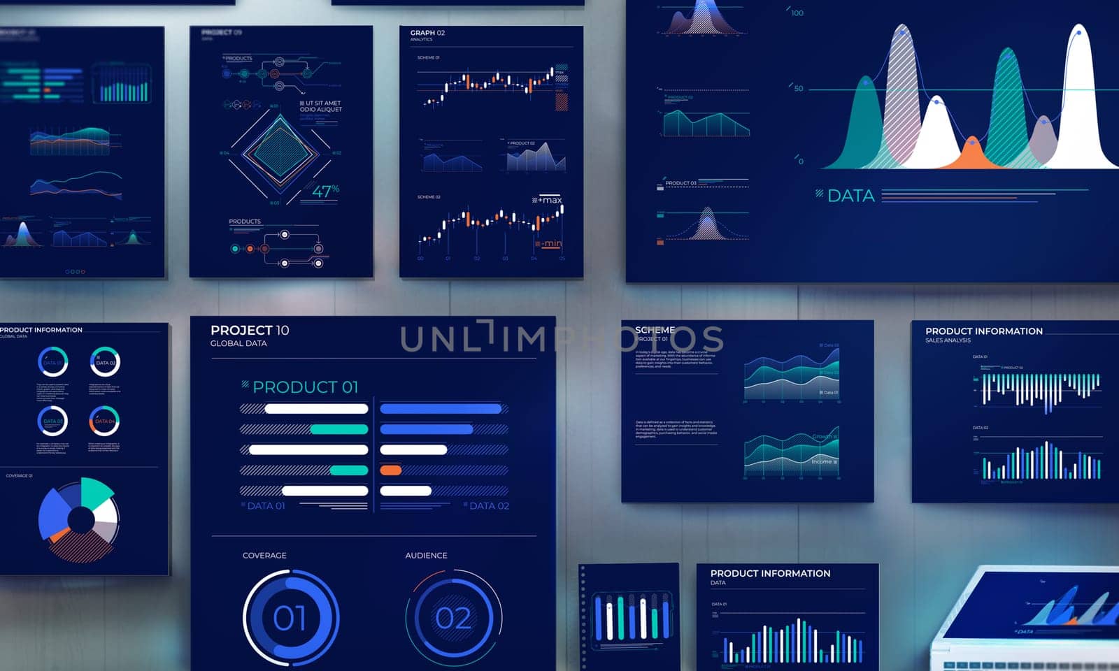 Top view of an office table with a set of documents with business infographics.