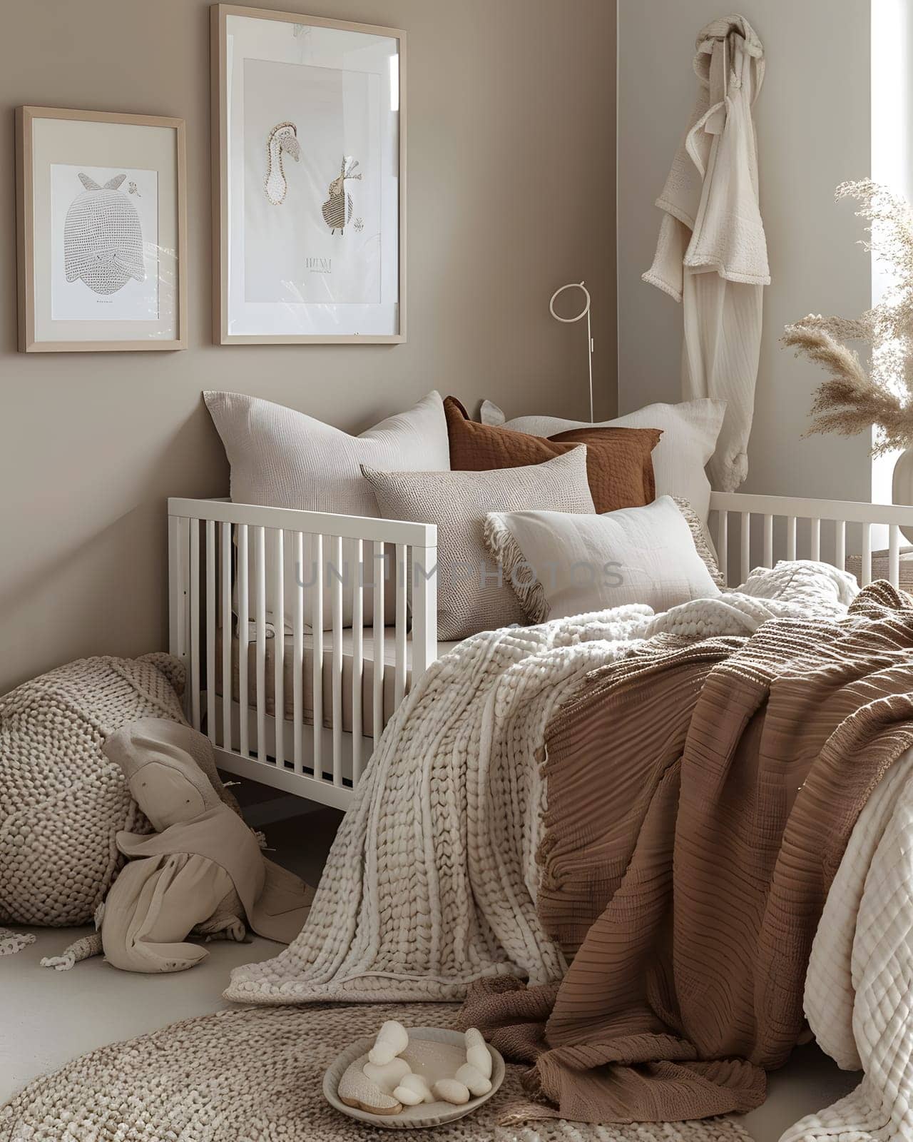 The bedroom features a grey bed frame and a wooden crib, creating a comfortable and cozy atmosphere. The interior design blends furniture and architecture seamlessly