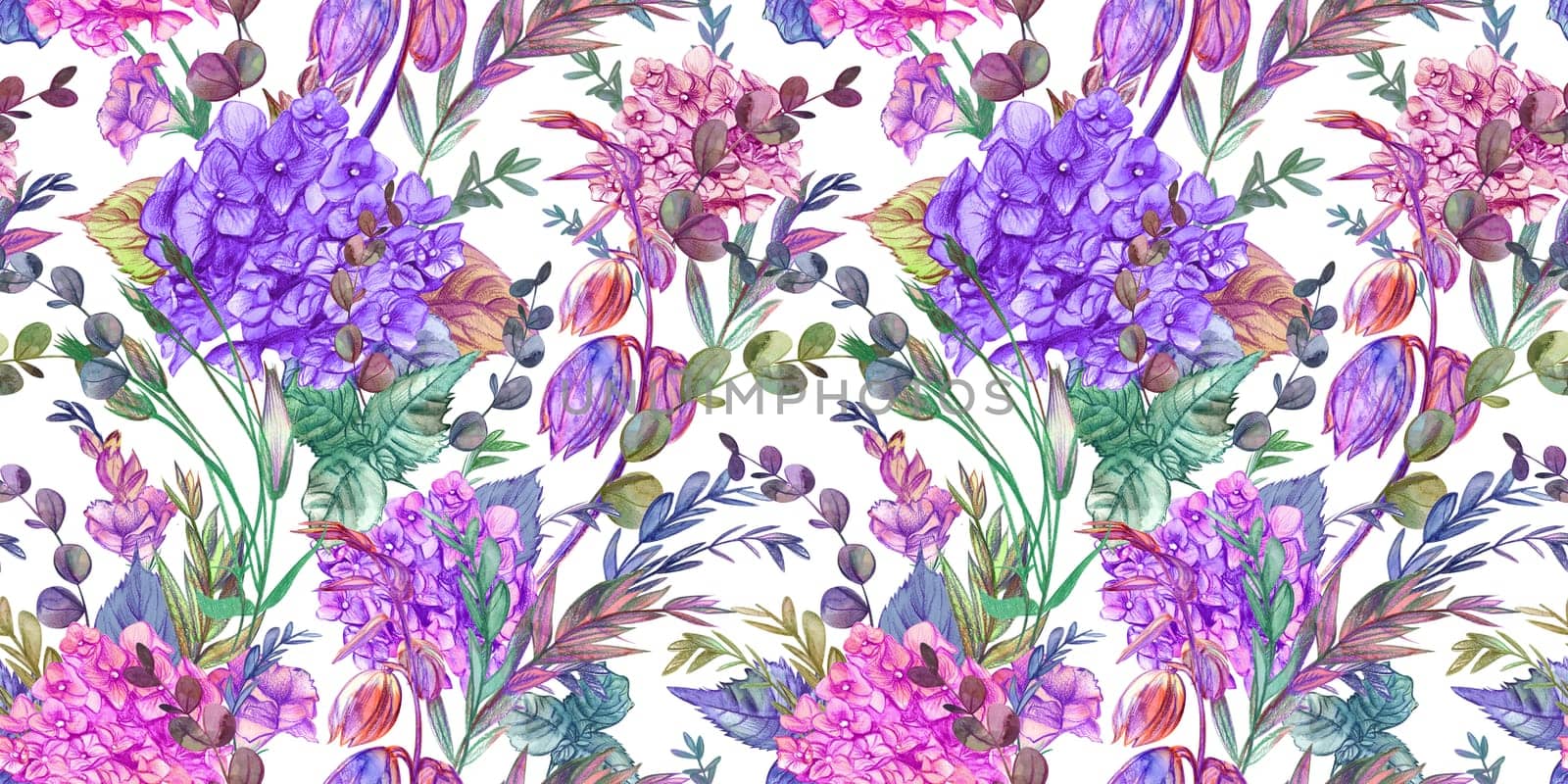 Seamless watercolor pattern drawn in pencil with hydrangeas and summer plants