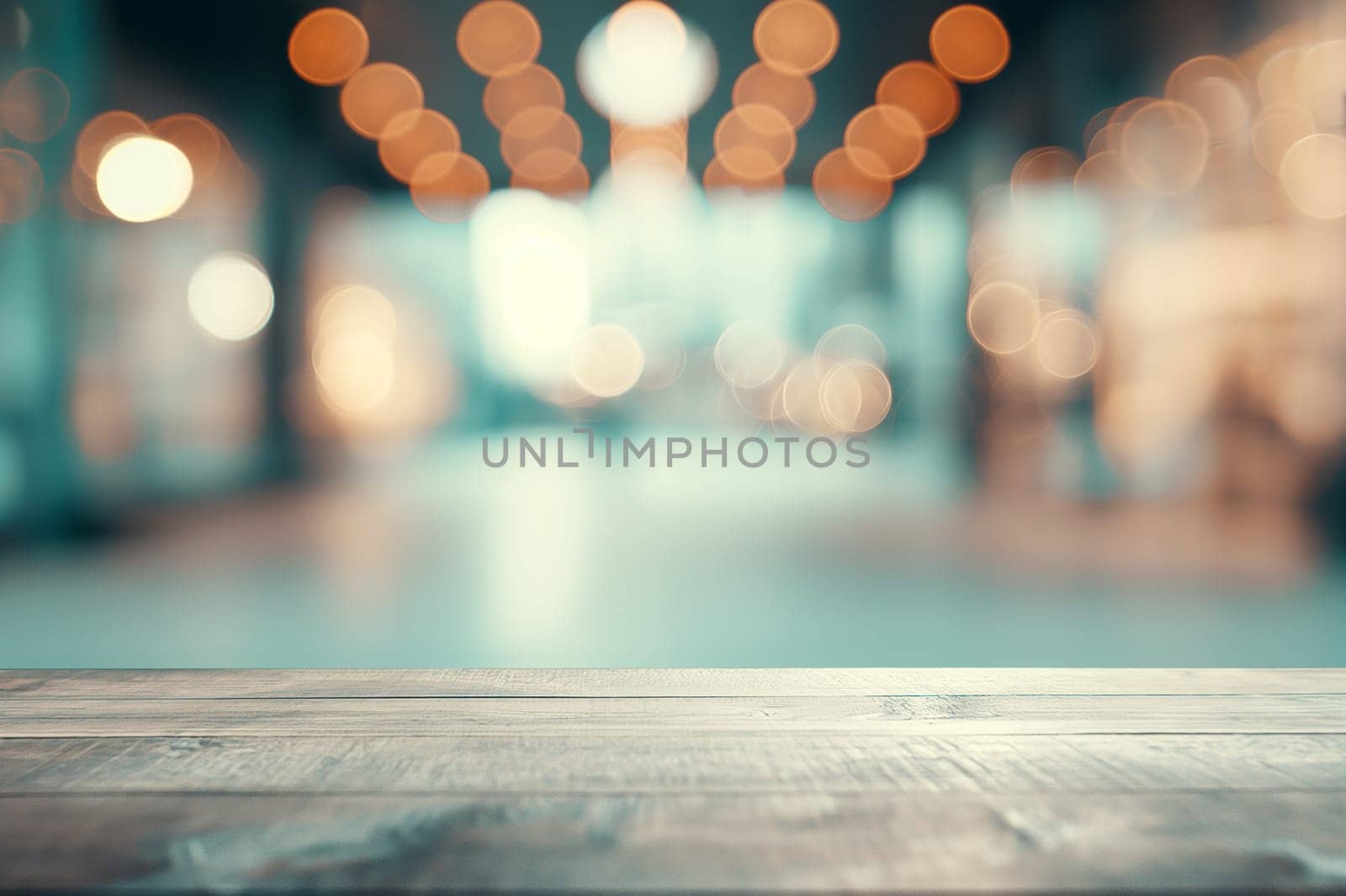 Blurred bokeh lights with wooden table background and glowing abstract defocused view indoors