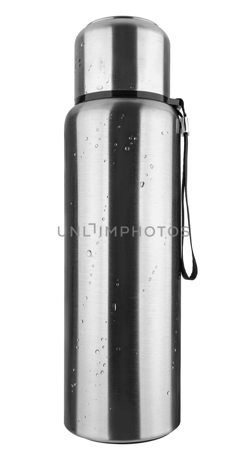 Metal thermos for hot and cold drinks on white background in insulation