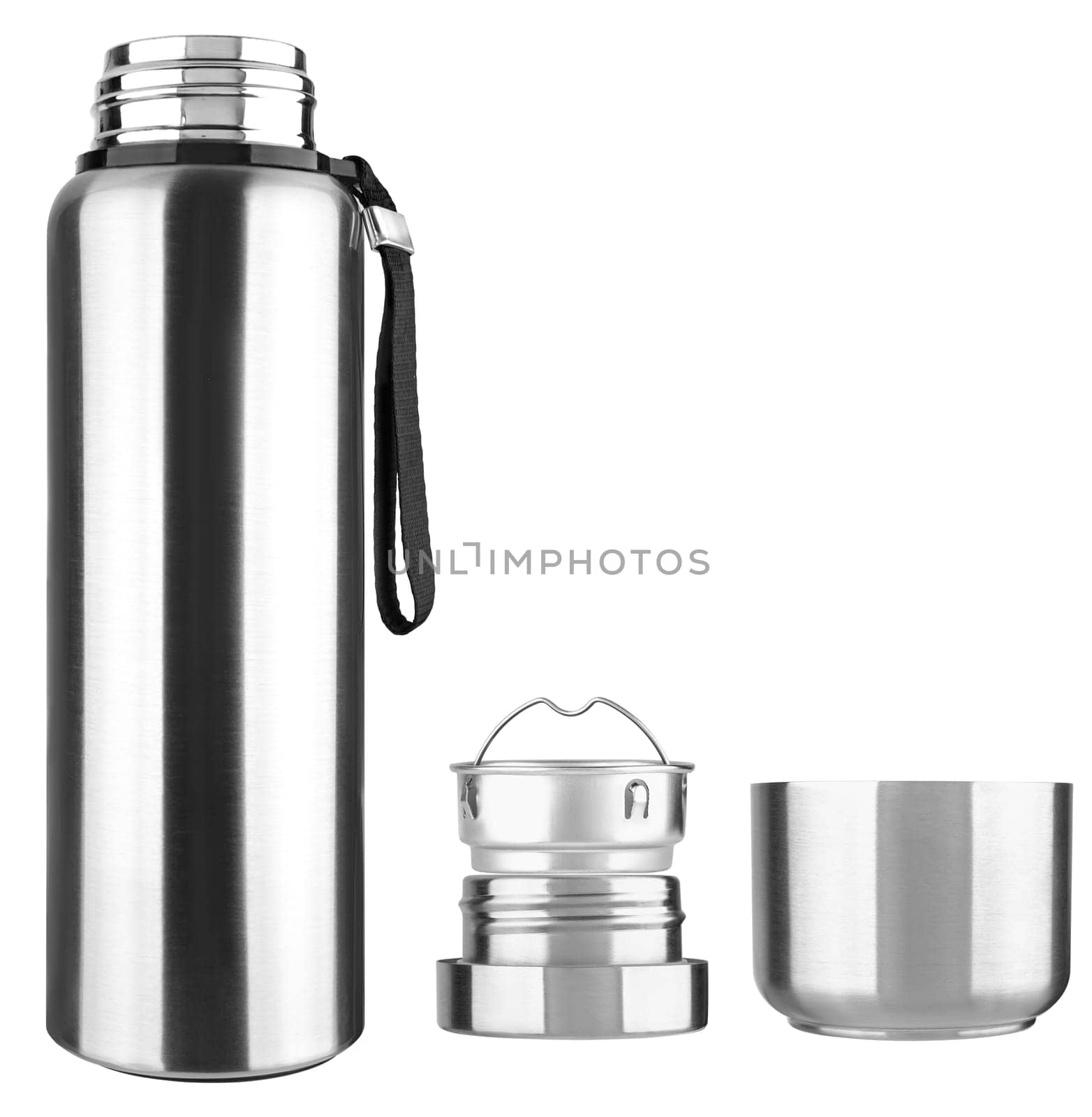 Metal thermos for hot and cold drinks on white background in insulation