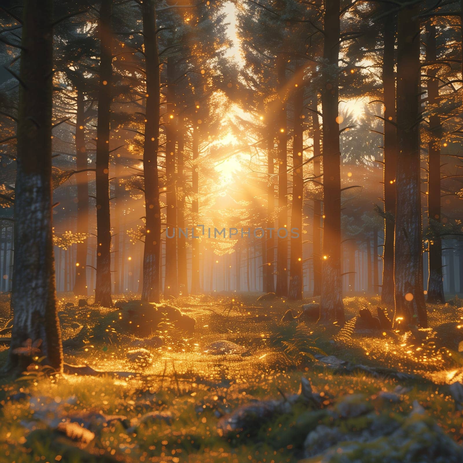 The image captures a stunning sunset in a dense pine forest.
