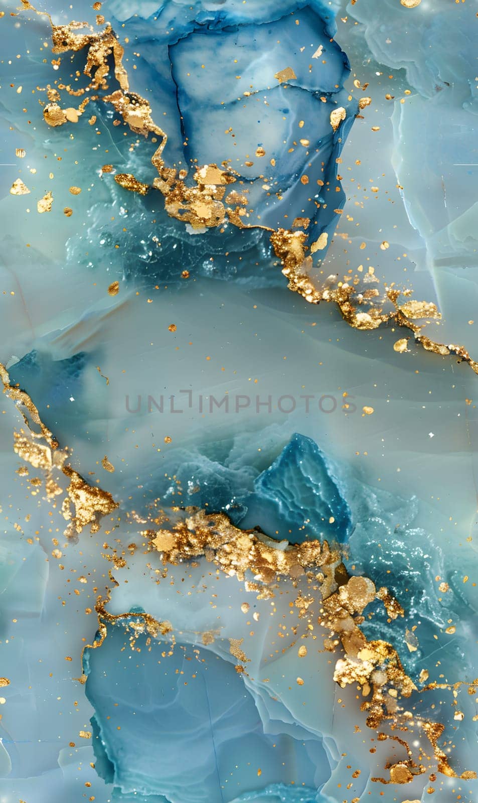 Closeup view of a mesmerizing blue and gold marble texture resembling a fluid water pattern, reminiscent of underwater landscapes and aquatic organisms