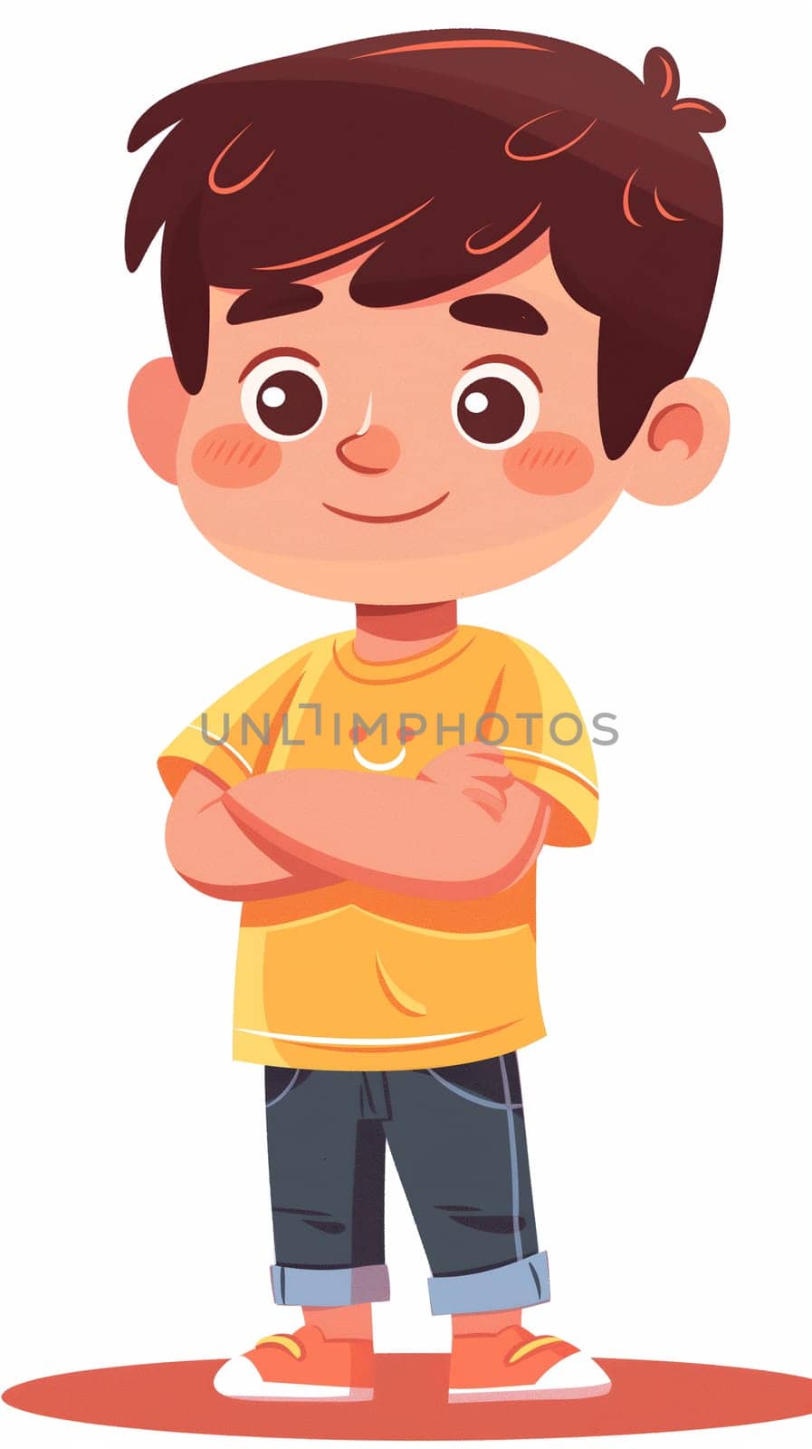 A cheerful young boy stands confidently with his arms folded, donning a bright yellow shirt featuring a cute smiley face, paired with casual denim pants and white sneakers - Generative AI