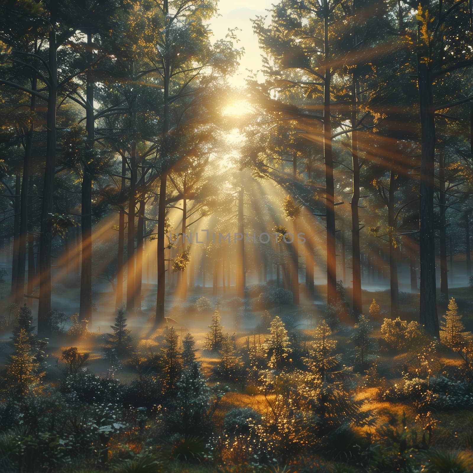 The image captures a stunning sunset in a dense pine forest.