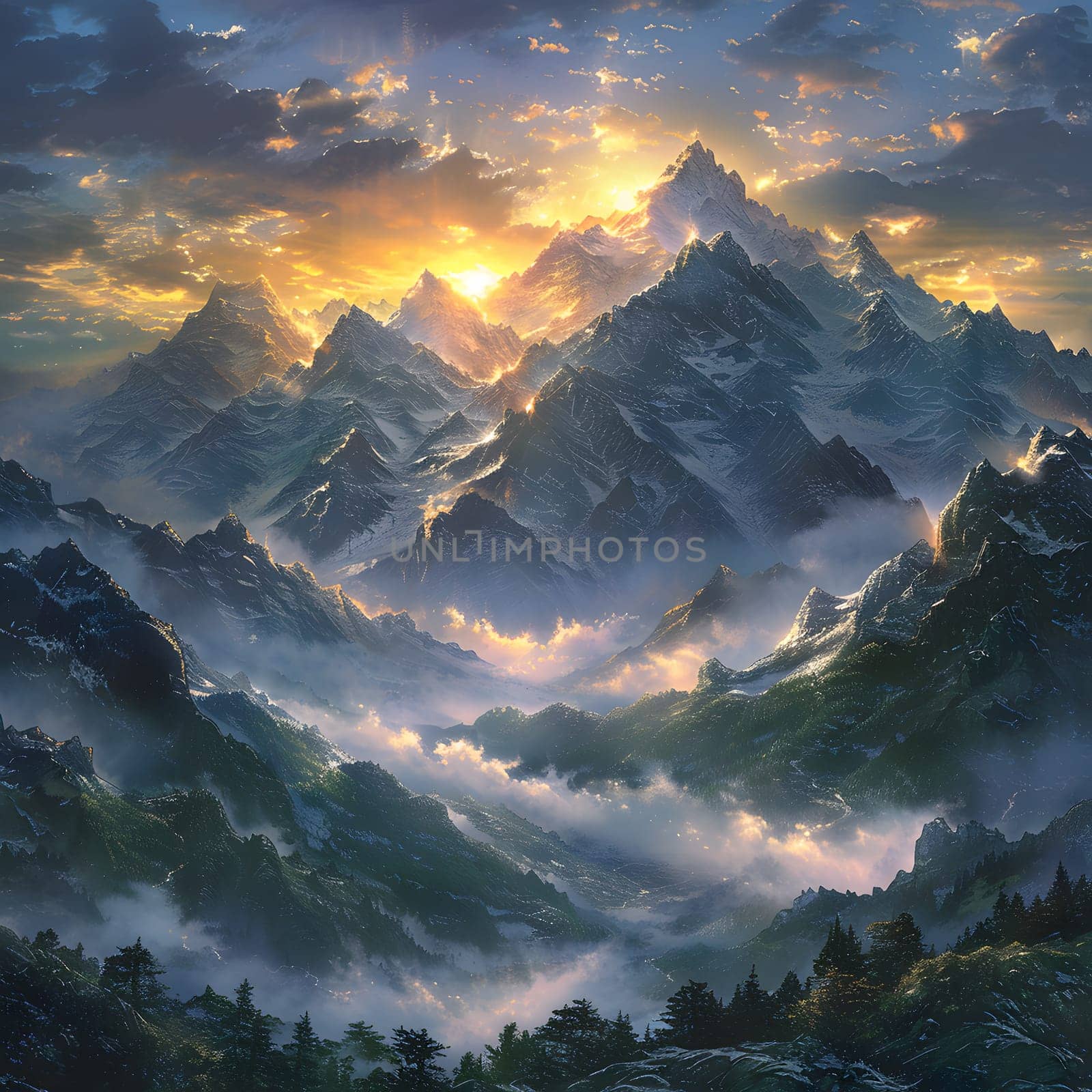 A stunning natural landscape painting of a highland mountain range with sunlight filtering through the cumulus clouds in the sky