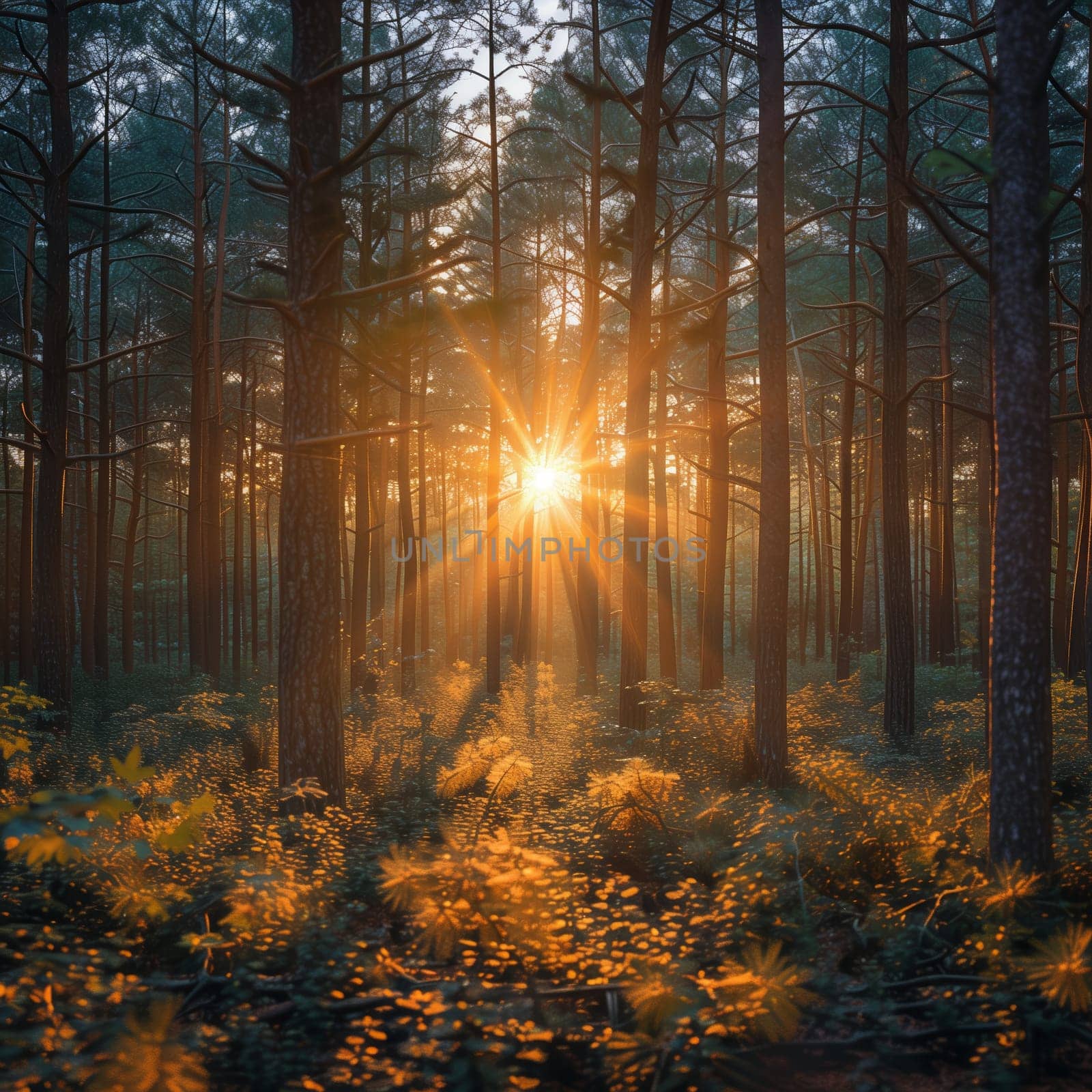 The image captures a stunning sunset in a dense pine forest.