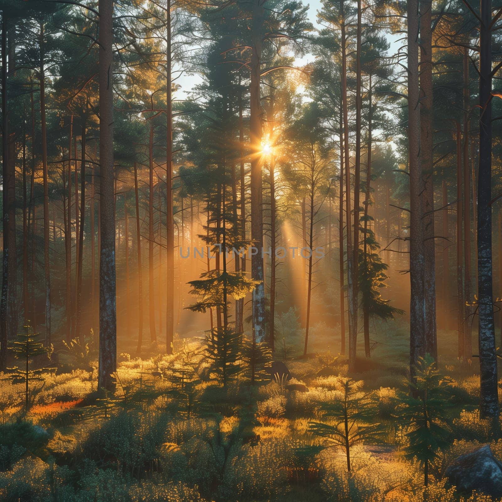 The image captures a stunning sunset in a dense pine forest.