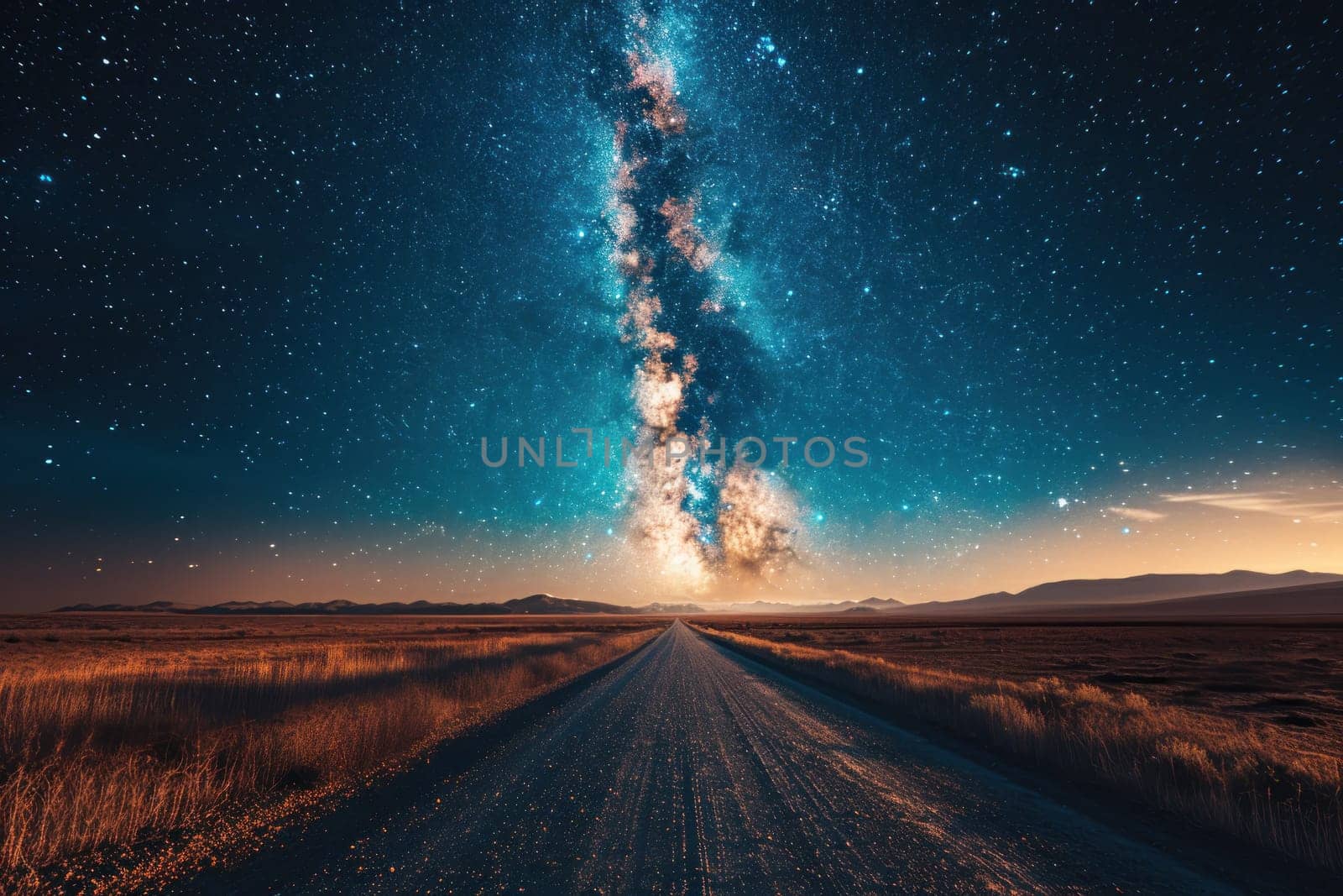 A road with a long line of stars in the background. The stars are scattered all over the sky, creating a sense of vastness and wonder. The road seems to stretch on forever, leading to a mysterious