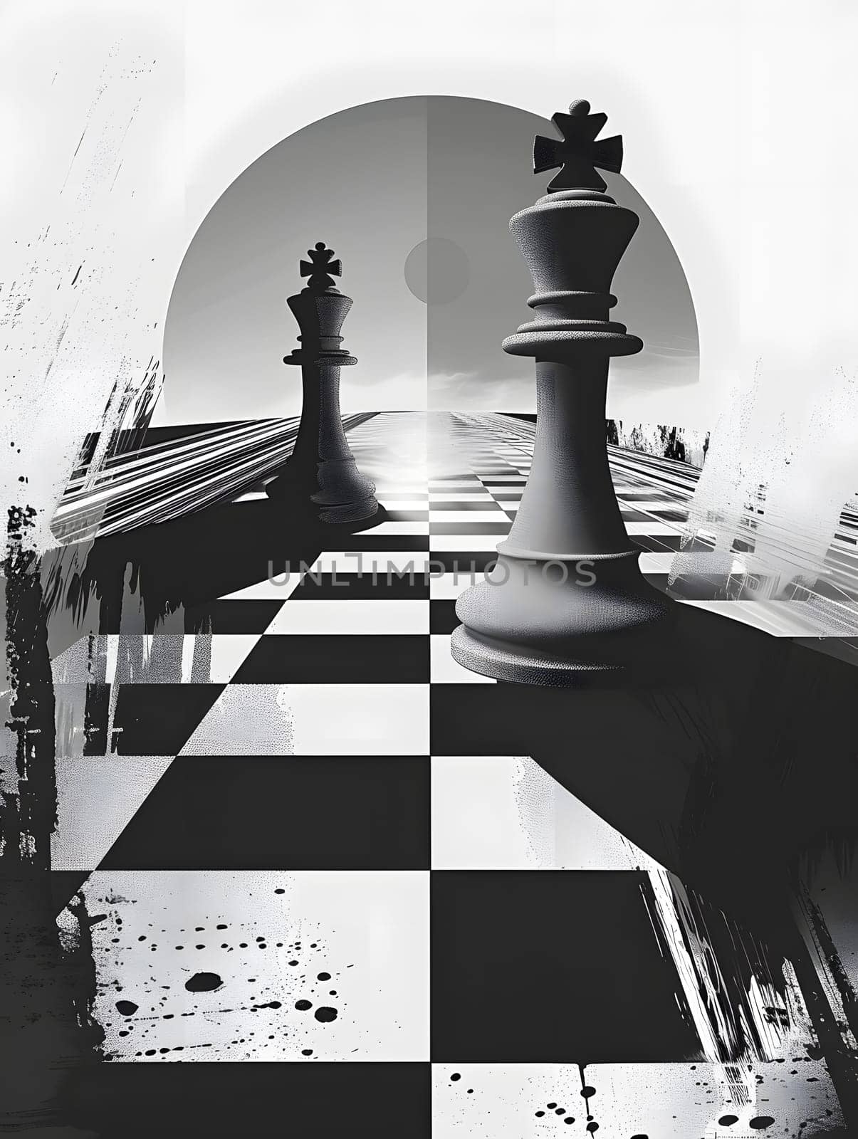 Monochrome photo of two chess pieces on board, showcasing symmetry and patterns by Nadtochiy