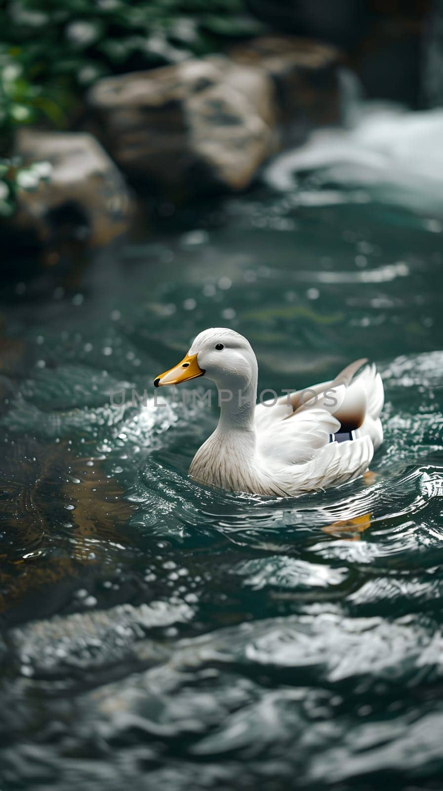 A white waterfowl with a yellow beak is gliding on a pond by Nadtochiy