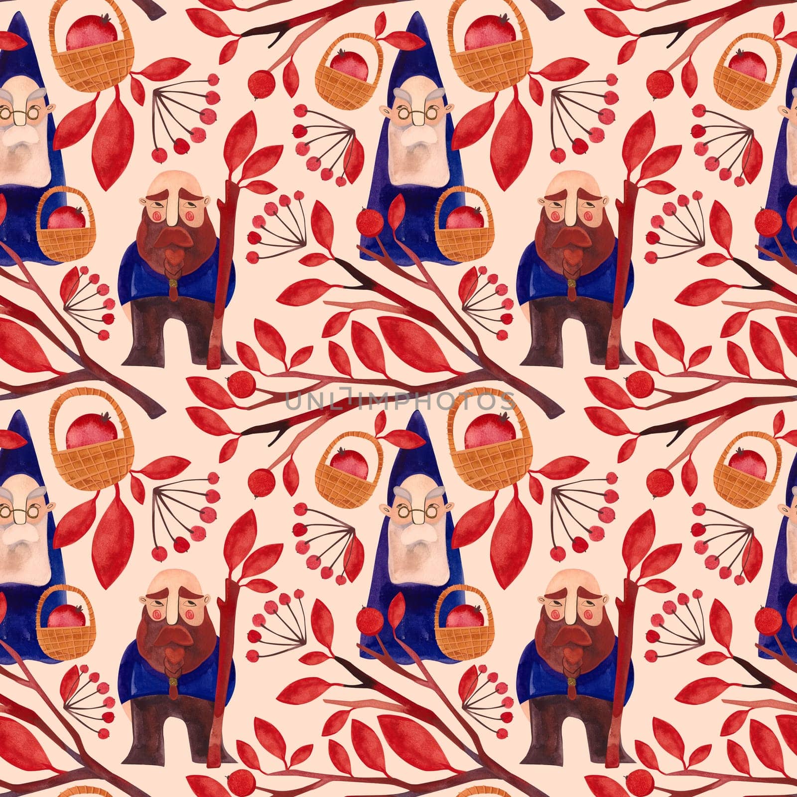 Autumn gnomes. Watercolor seamless pattern for fabrics, home textiles, clothes and wrapping paper. Fairytale vintage style. Beige background.