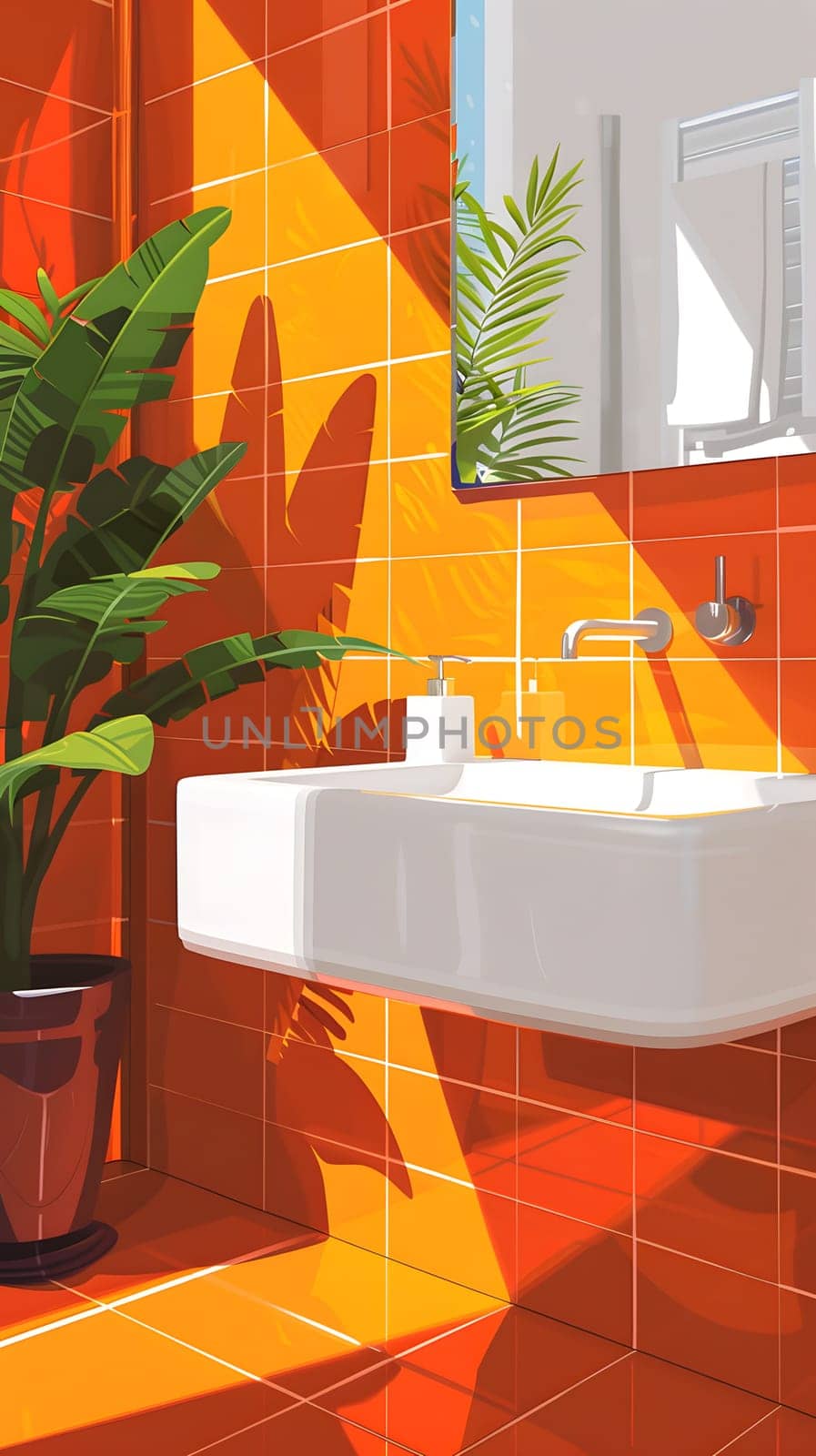 An interior design featuring orange rectangle tiles, a white sink, and wooden flooring. A houseplant in an amber flowerpot adds a pop of color to the walls