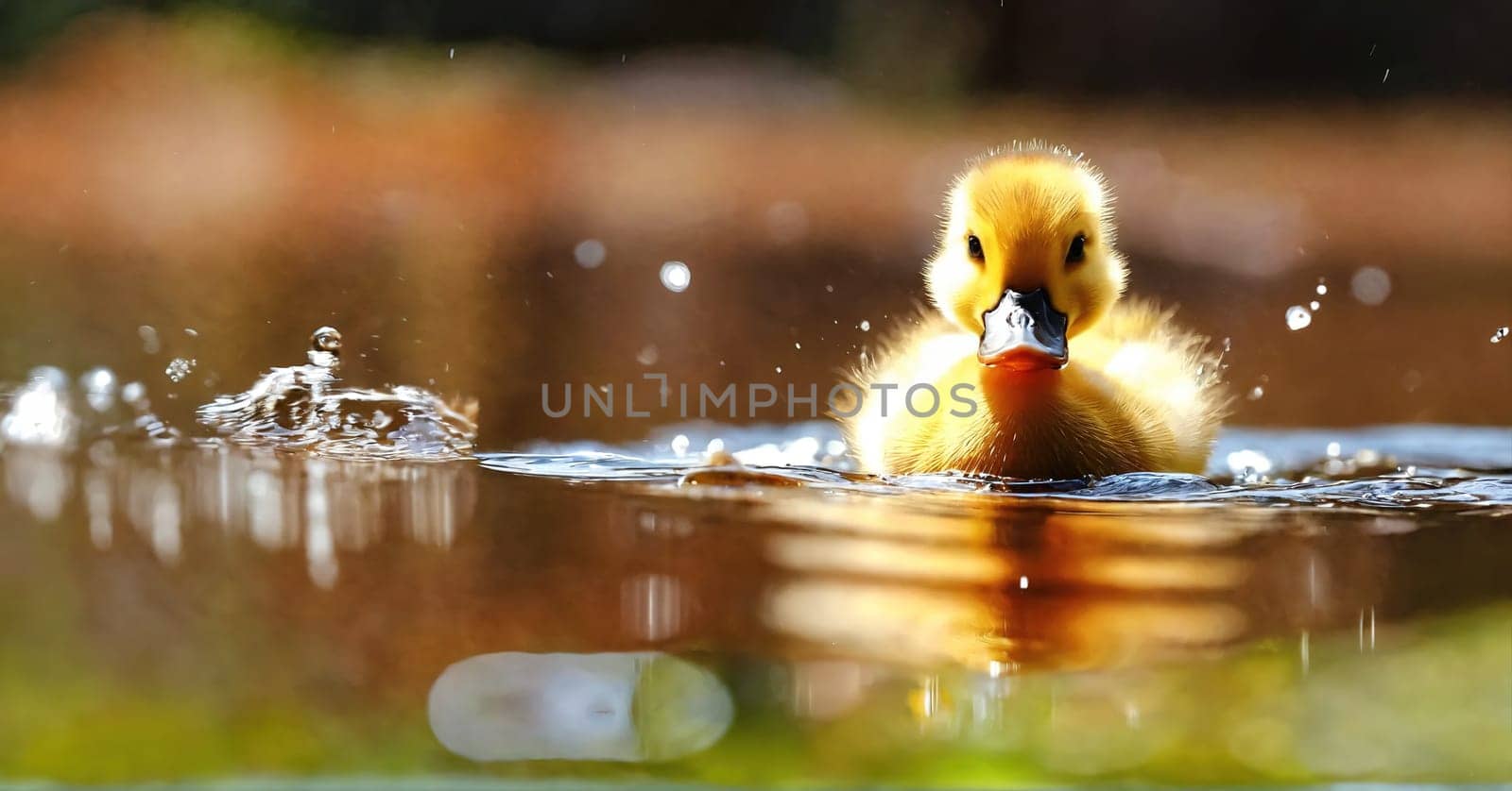 A duckling swims in the lake. Generative AI by gordiza