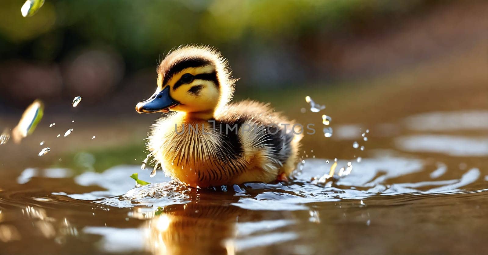 A duckling swims in the lake. Generative AI. High quality photo