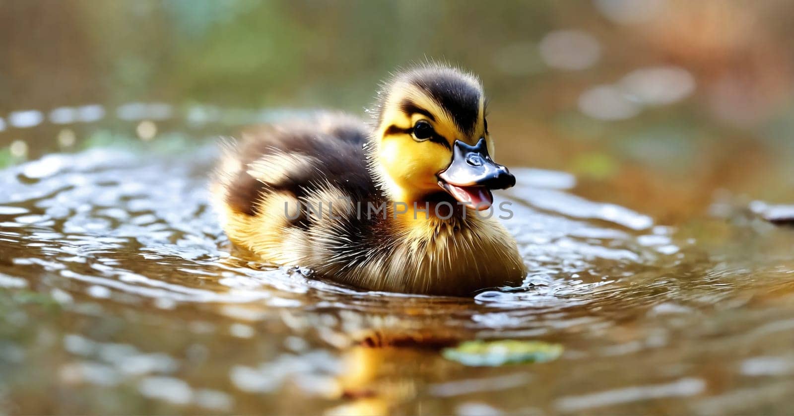 A duckling swims in the lake. Generative AI by gordiza