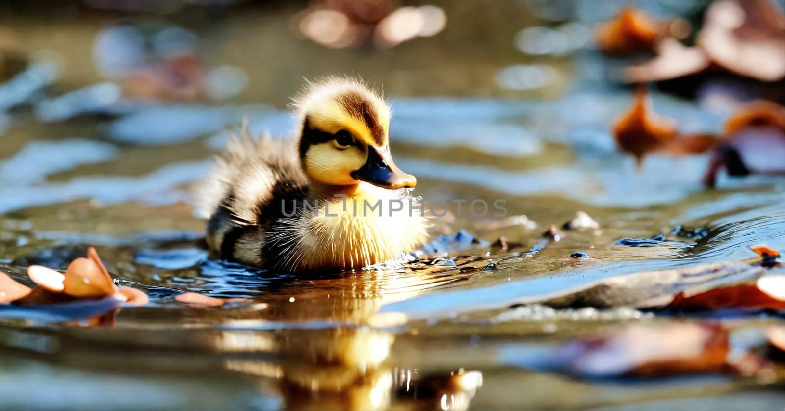 A duckling swims in the lake. Generative AI by gordiza