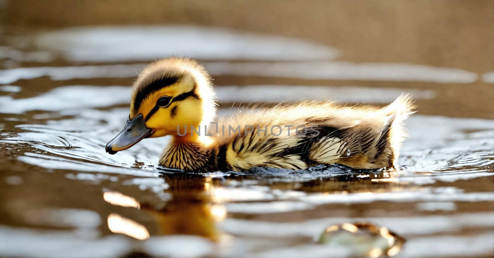 A duckling swims in the lake. Generative AI. High quality photo