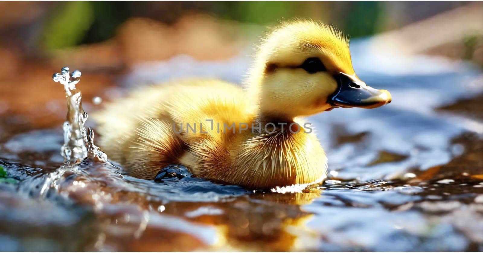 A duckling swims in the lake. Generative AI. High quality photo