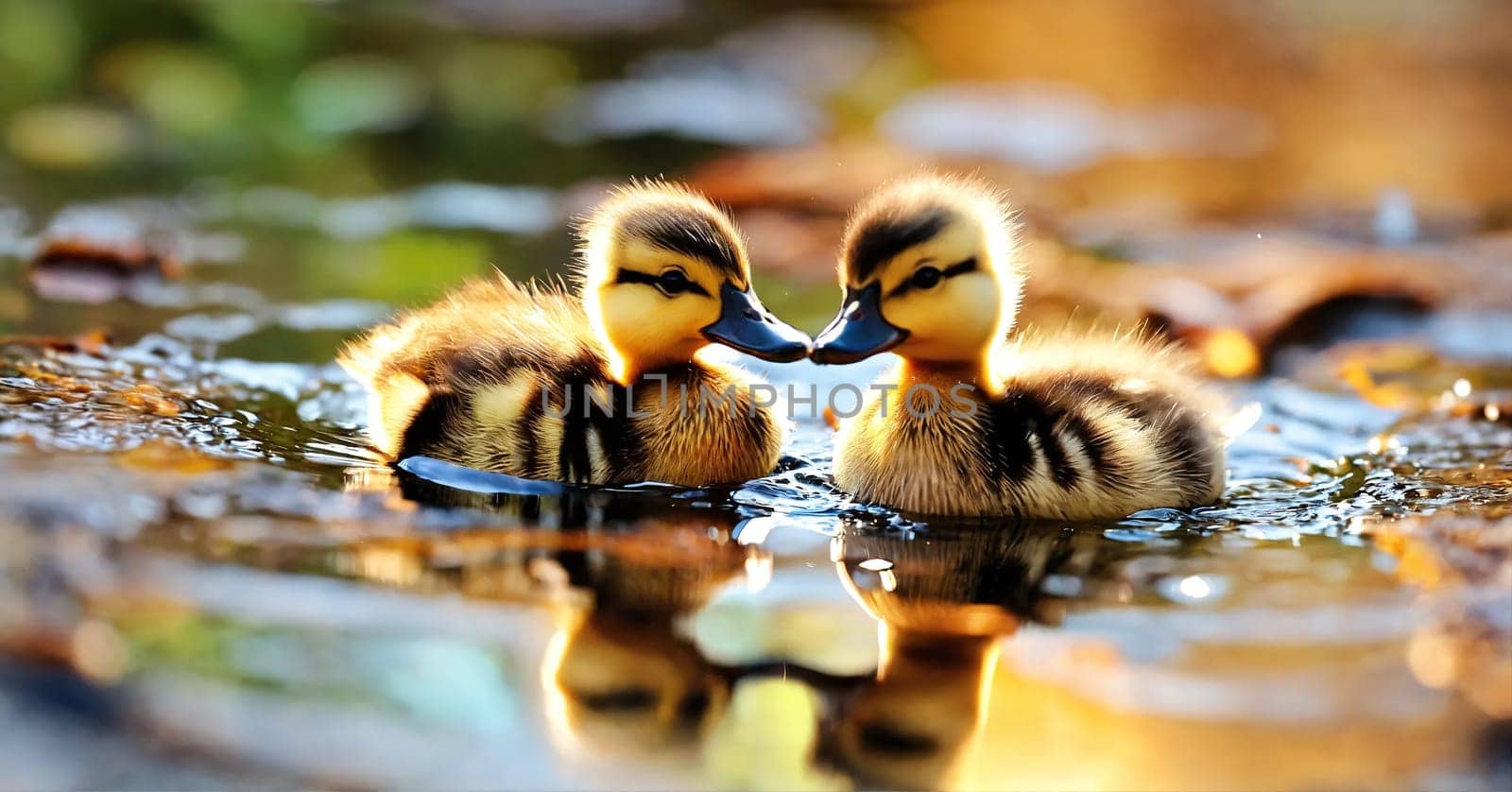 A duckling swims in the lake. Generative AI. High quality photo