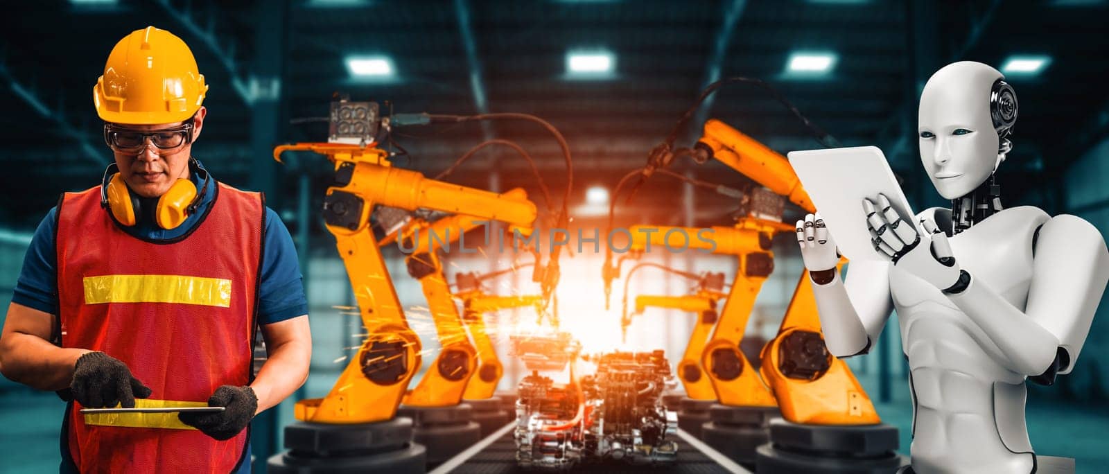MLB Mechanized industry robot and human worker working together in future factory. Concept of artificial intelligence for industrial revolution and automation manufacturing process.