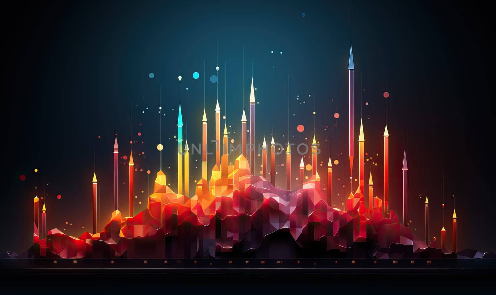 Colorful stylized skyline with dynamic lights.