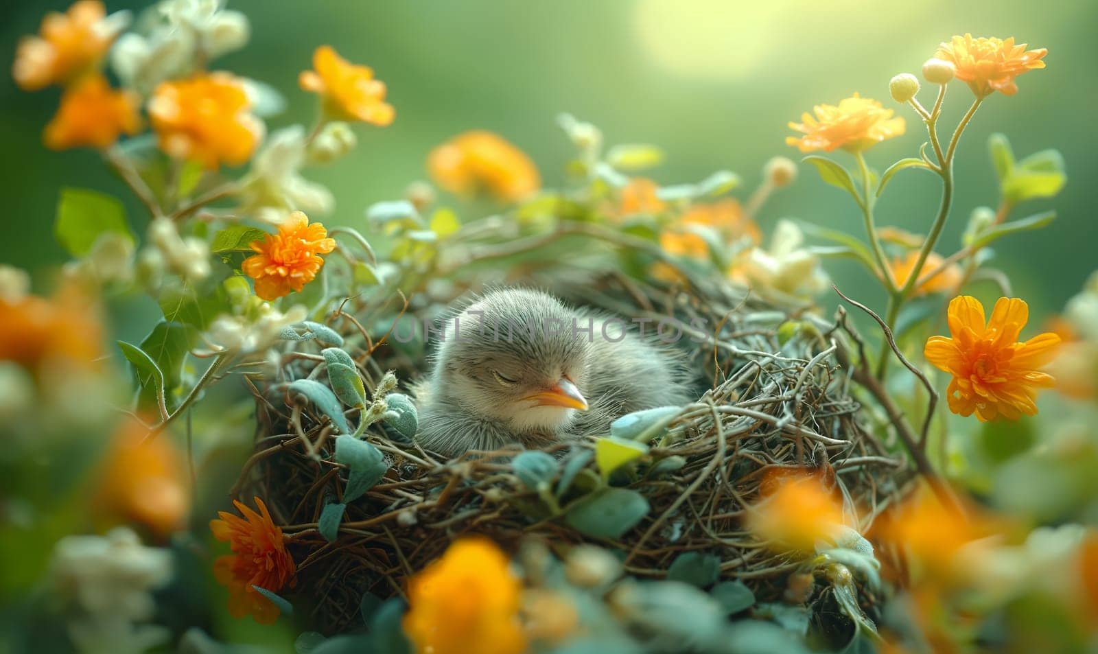 A young bird perched inside a nest, flowers all around.