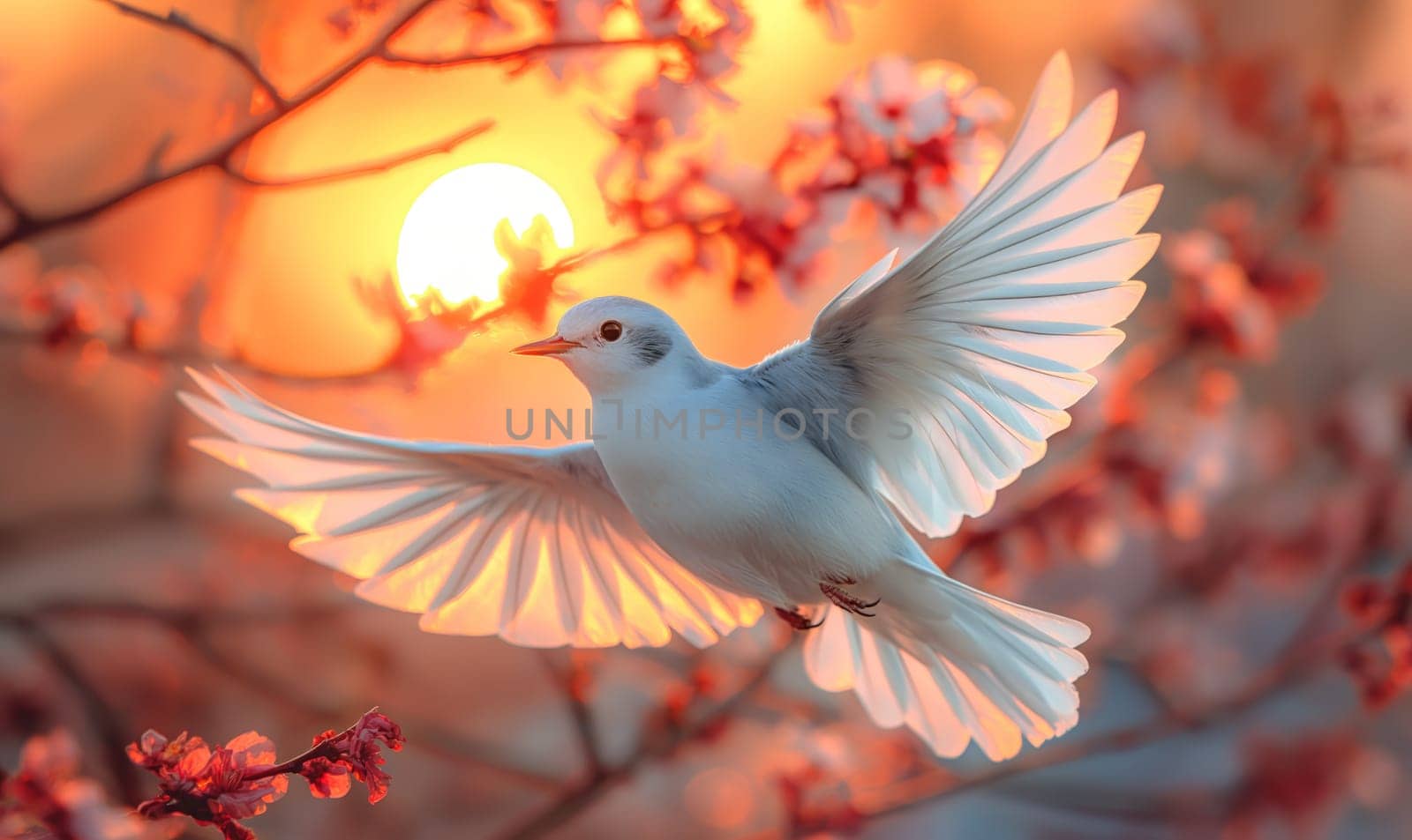 White bird flies above blooming tree with red flowers.