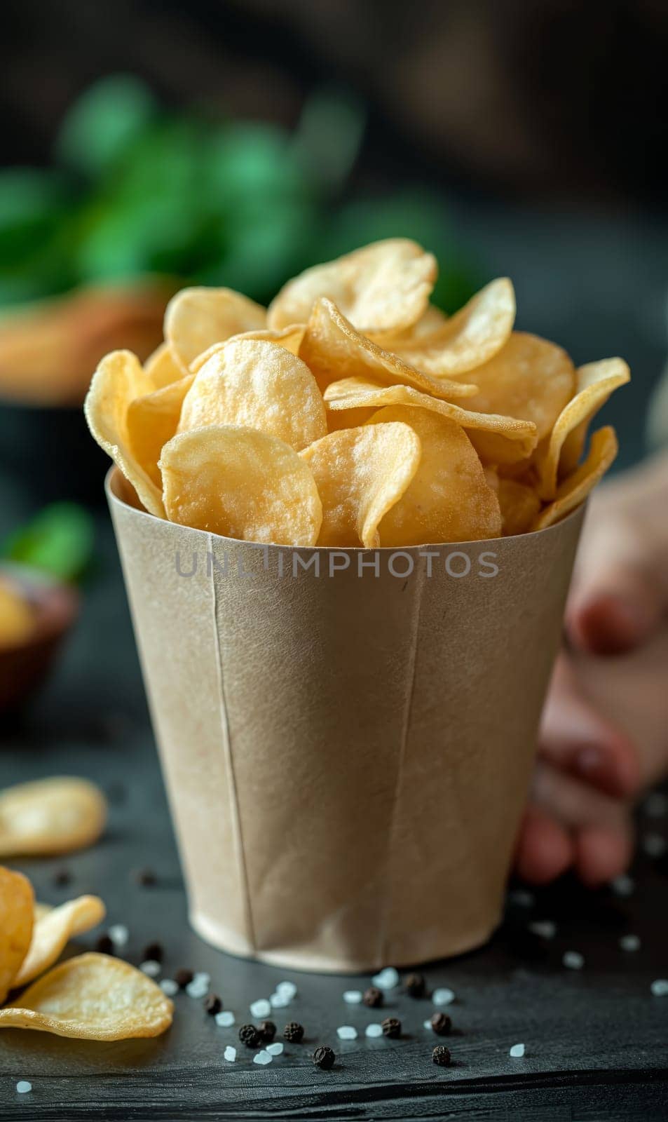 Close-up of a person holding a paper cup filled with crispy chips.